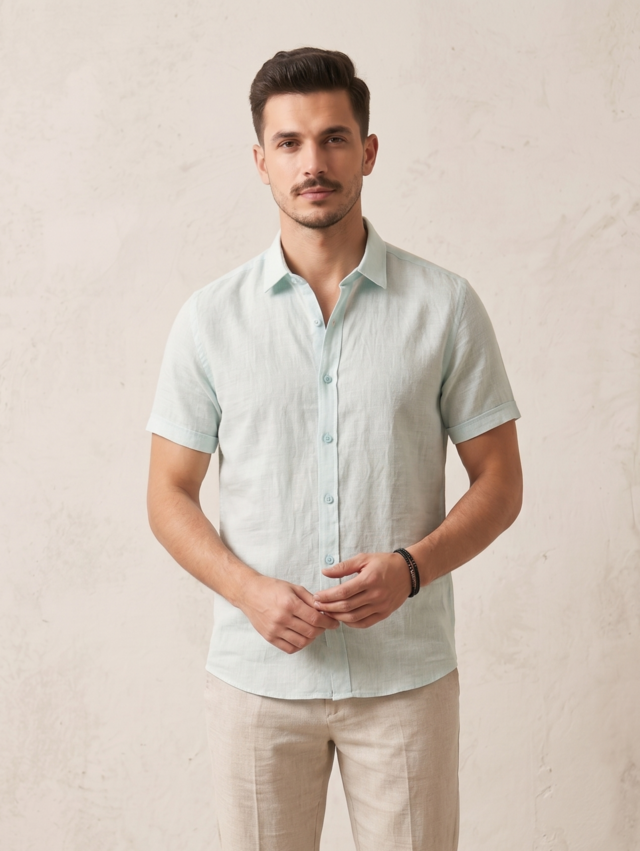 Sea Green Short Sleeved Linen Shirt With Striped Design