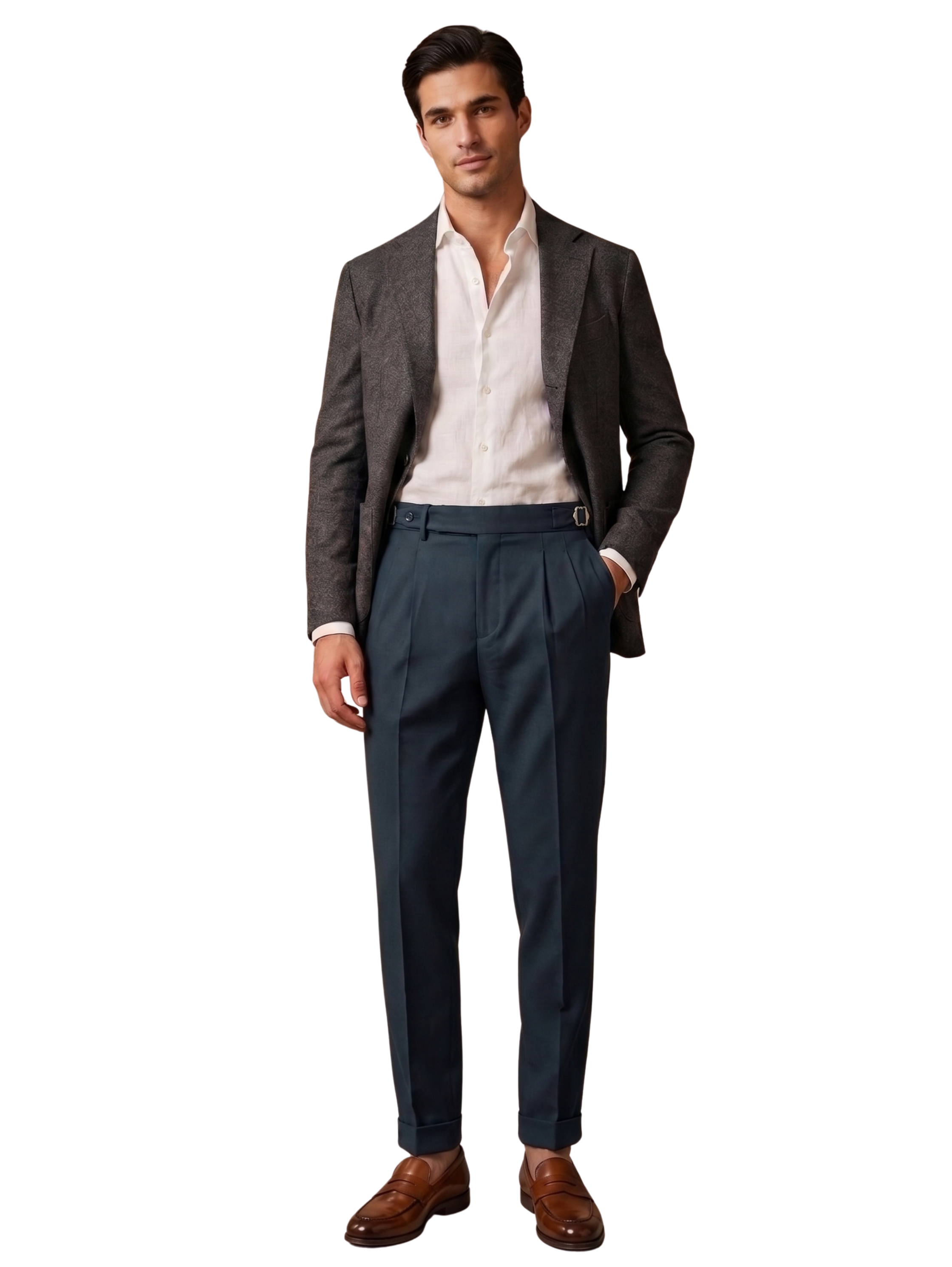 Classic Navy Double-Pleated Cuffed Pants
