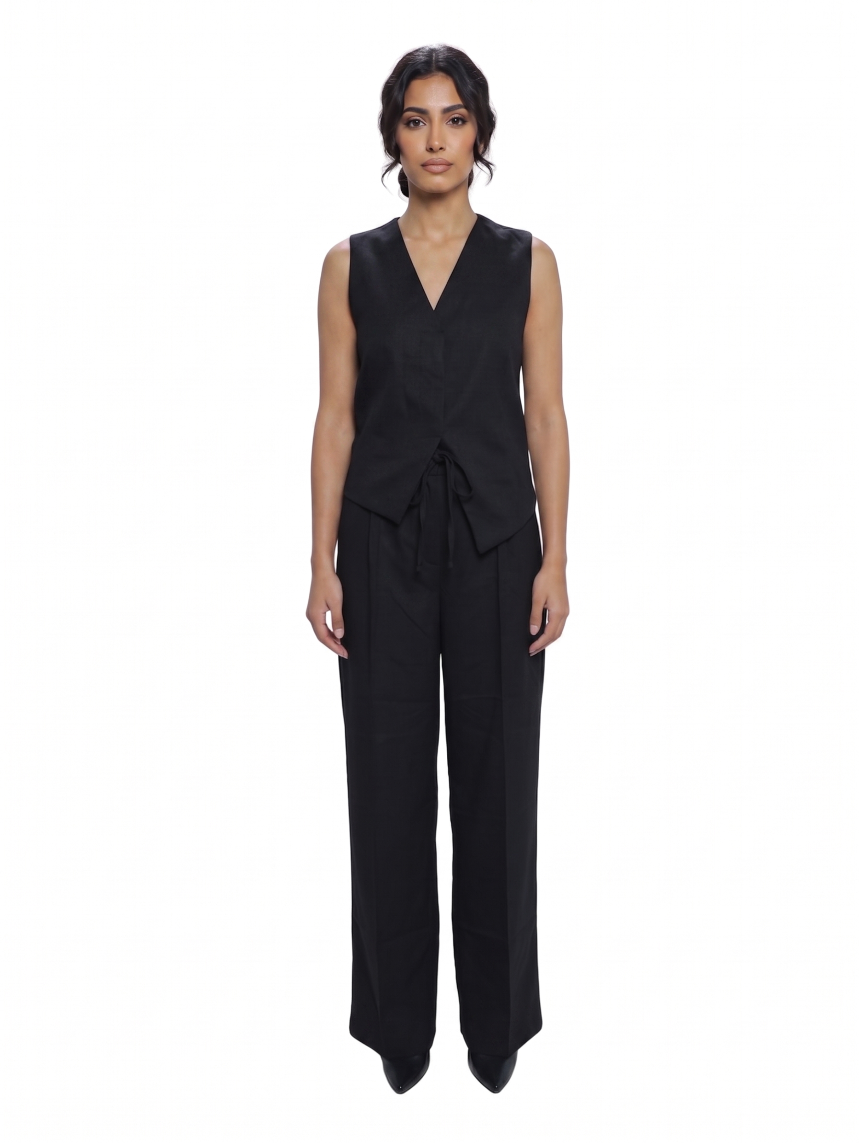Black Sleeveless V Neck Vest Set