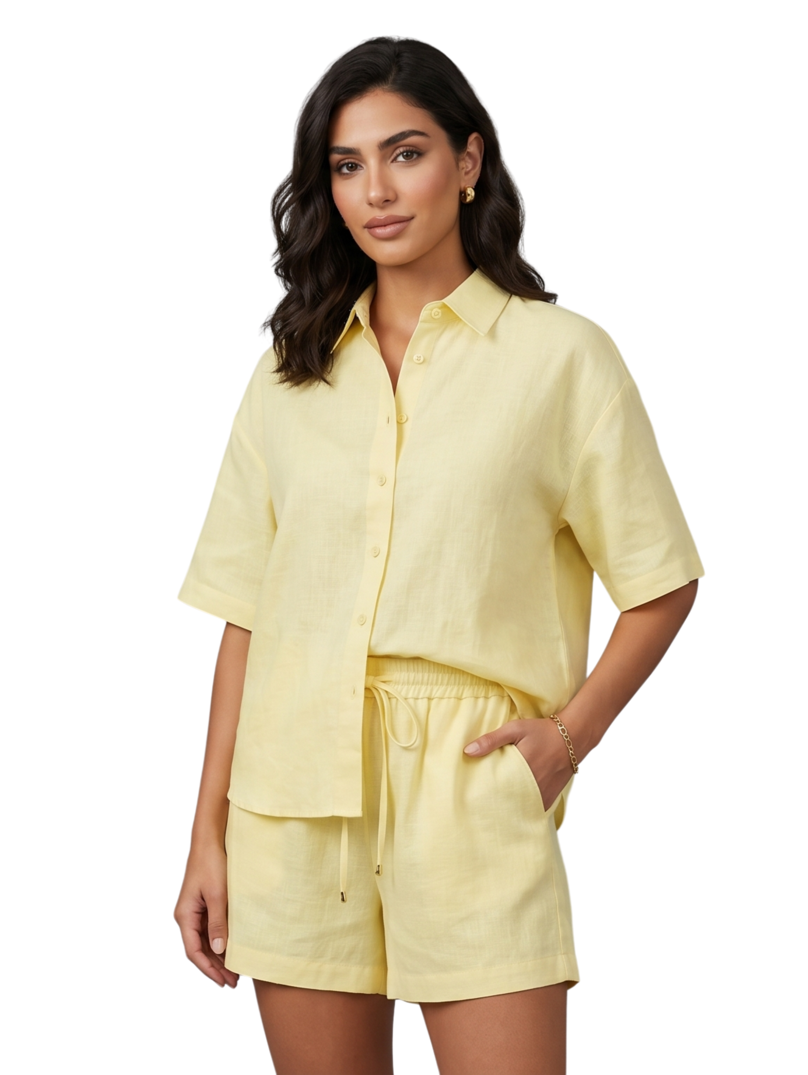 Yellow Shirt Linen Shorts Set