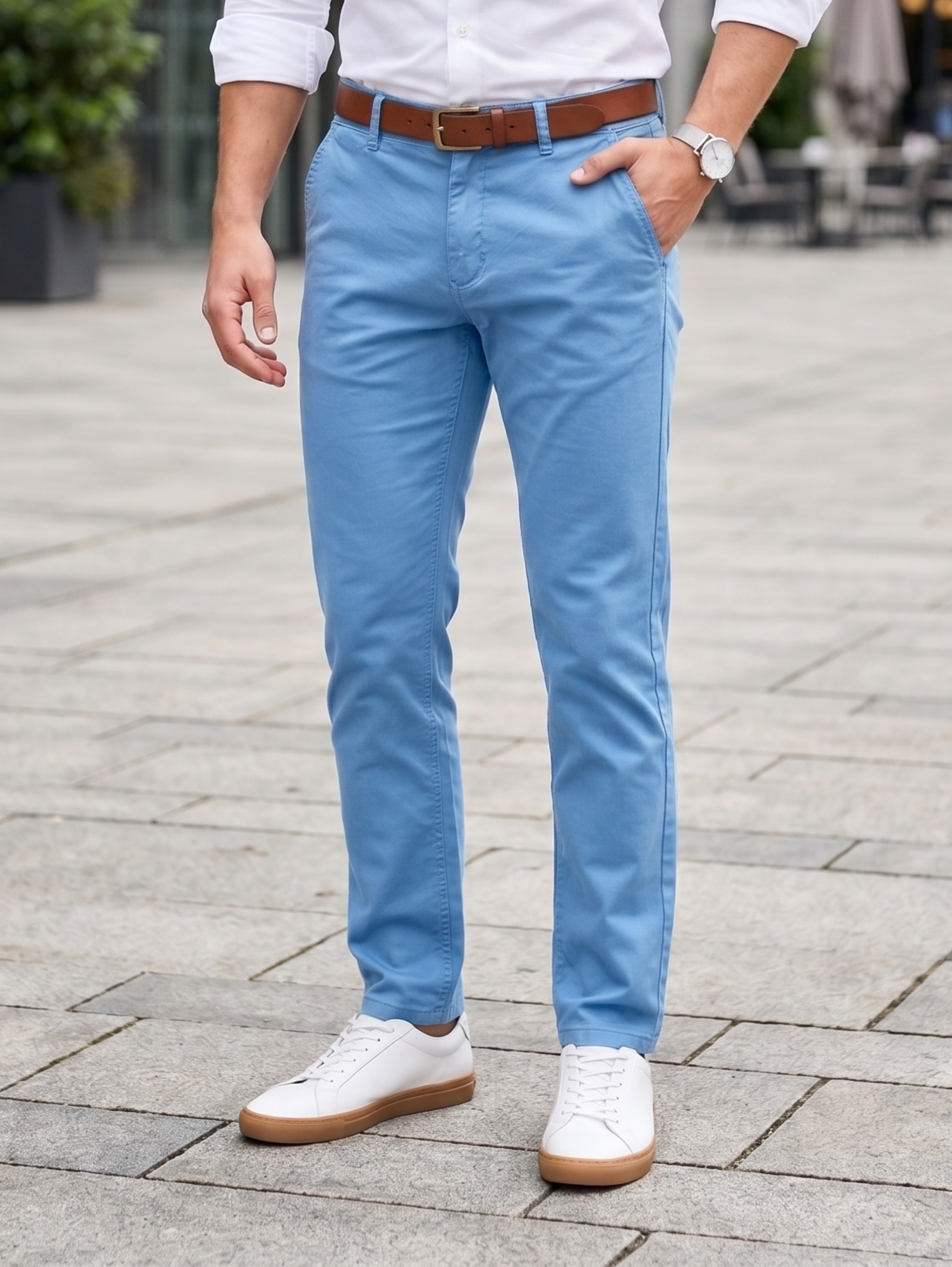 Sky Blue Casual Chino Pants With Side Slanted Pockets