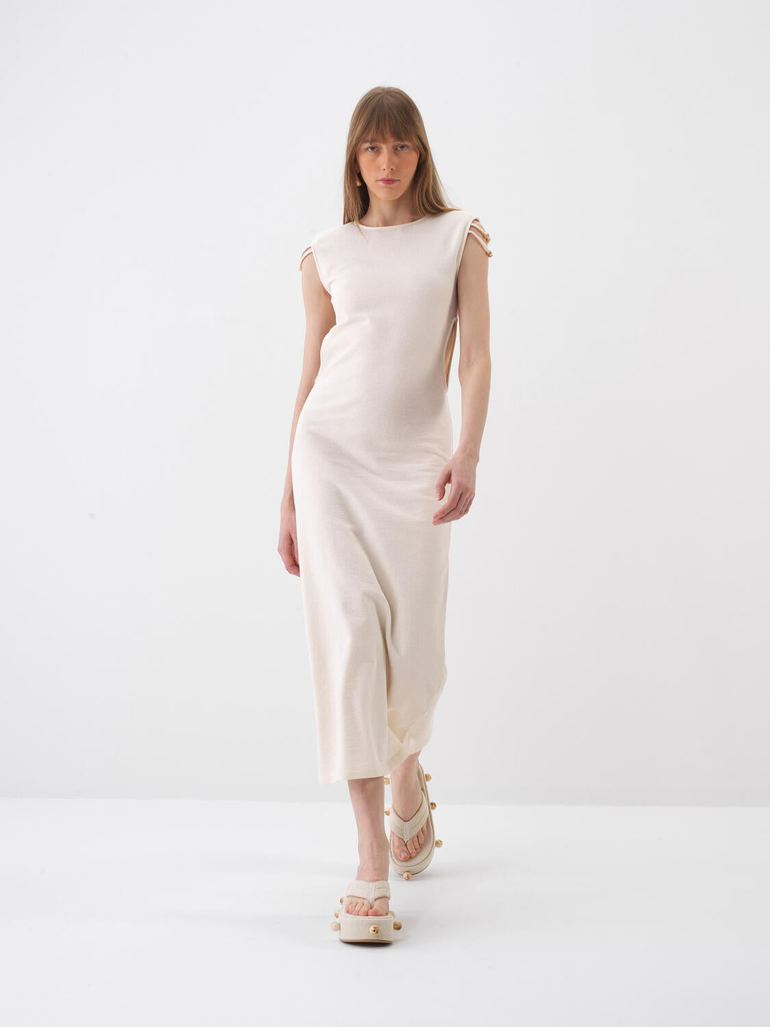Xint Beige Dress With Two Horizontal Strap Details