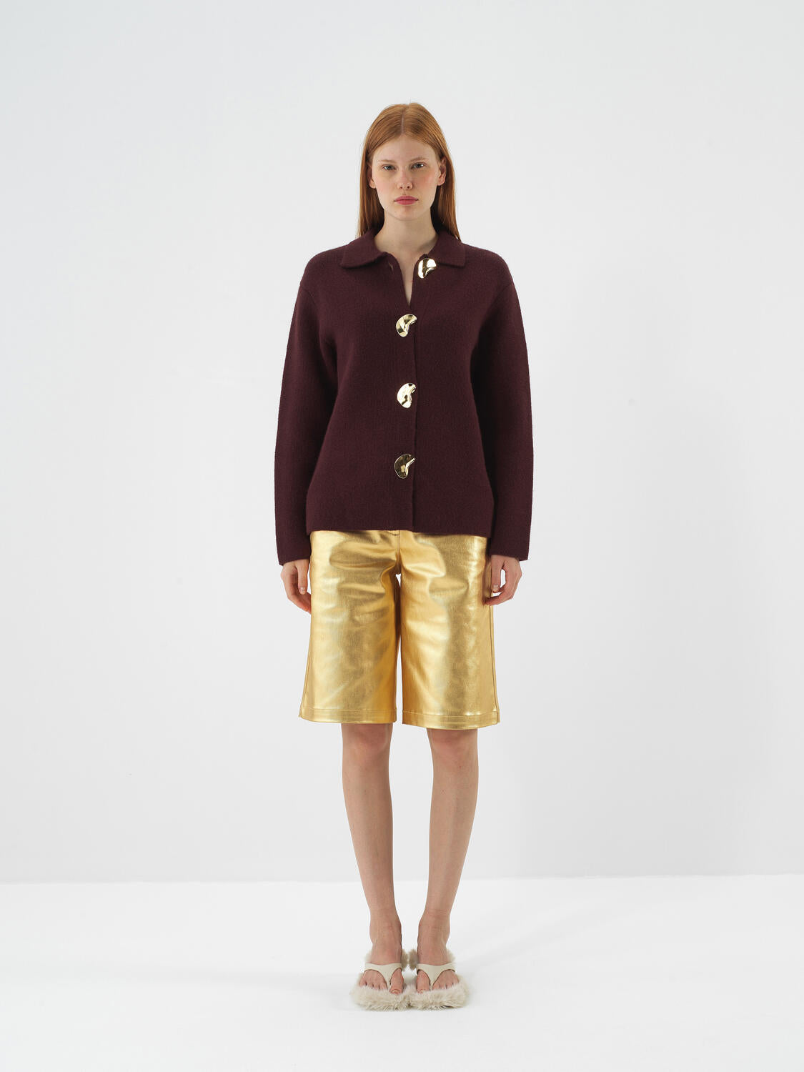 Xint Burgundy Natural Wool Textured Oversize Jacket