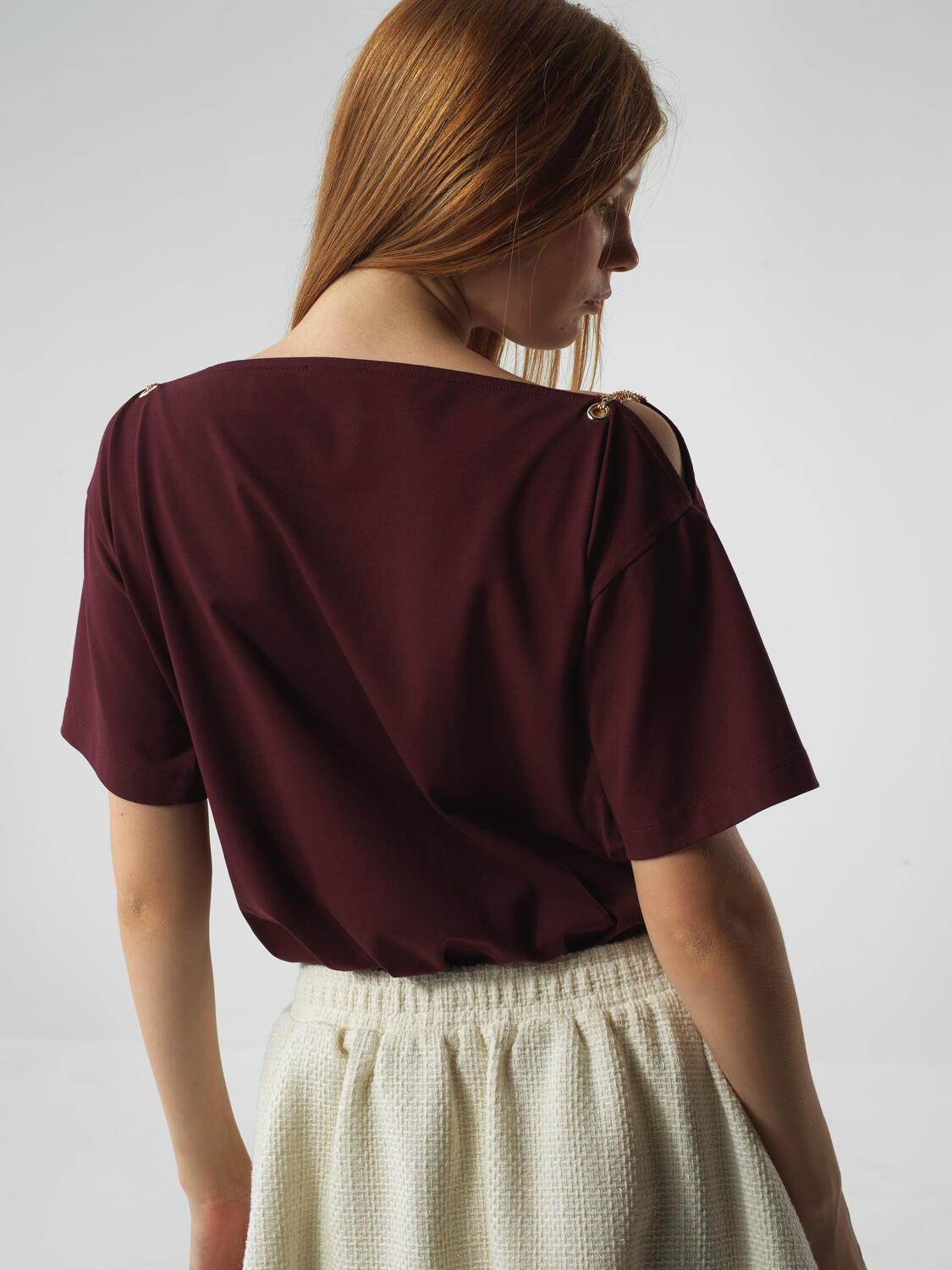 Xint Burgundy Cotton Textured Oversized T-shirt