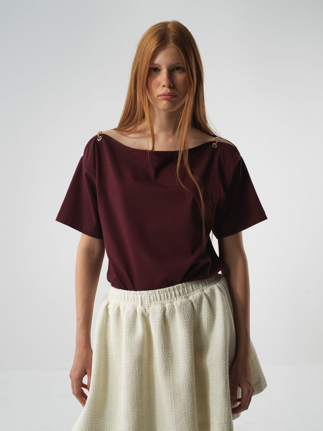 Xint Burgundy Cotton Textured Oversized T-shirt