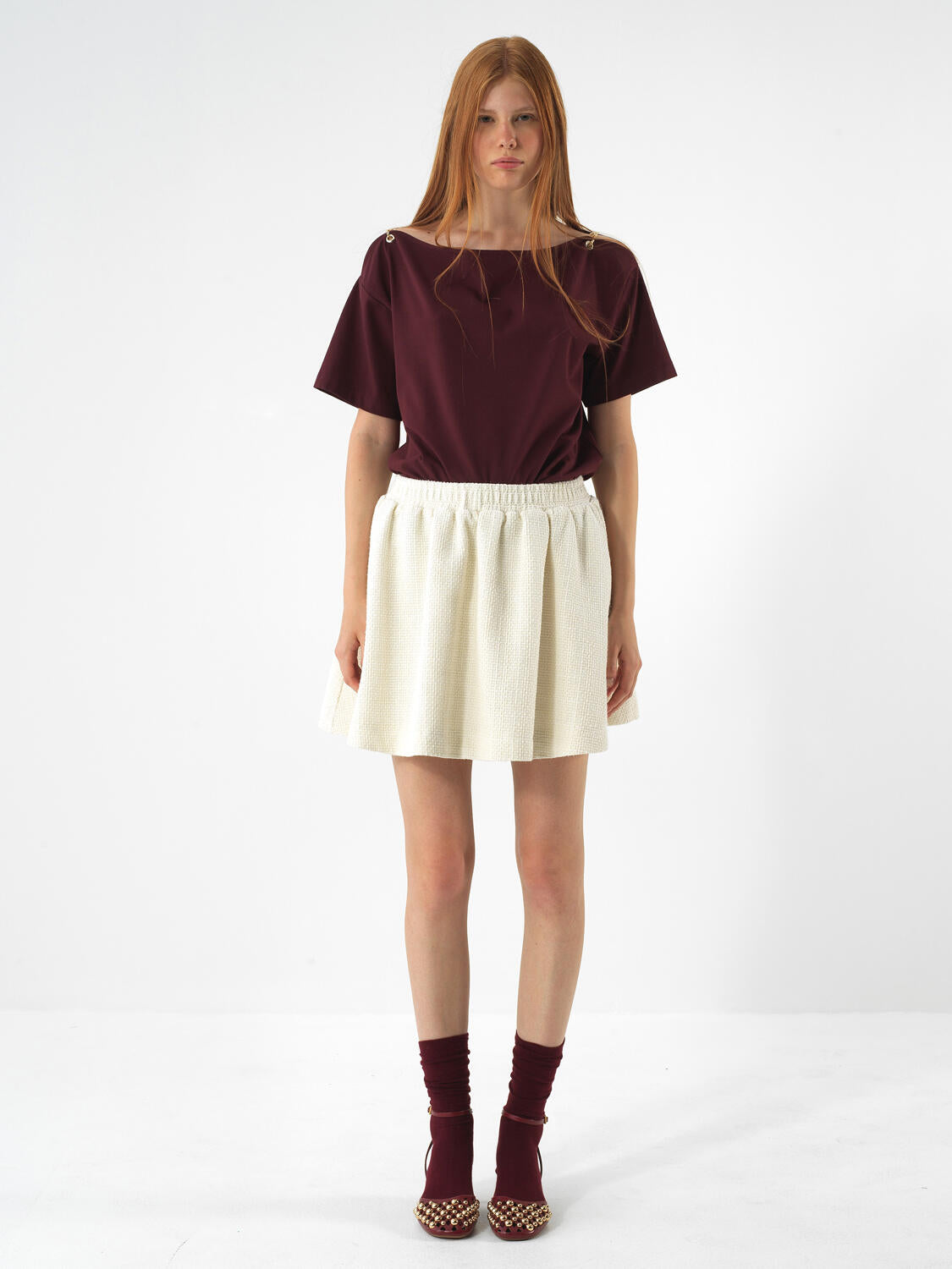Xint Burgundy Cotton Textured Oversized T-shirt