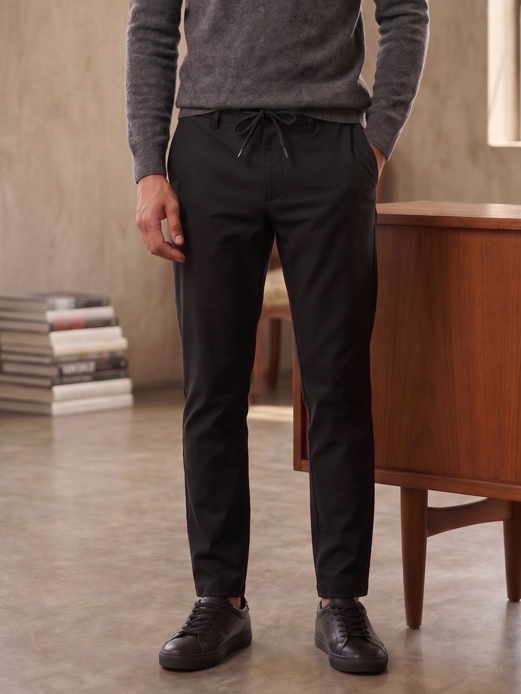 Black Slim Straight Elastic Back Drawstring Pants