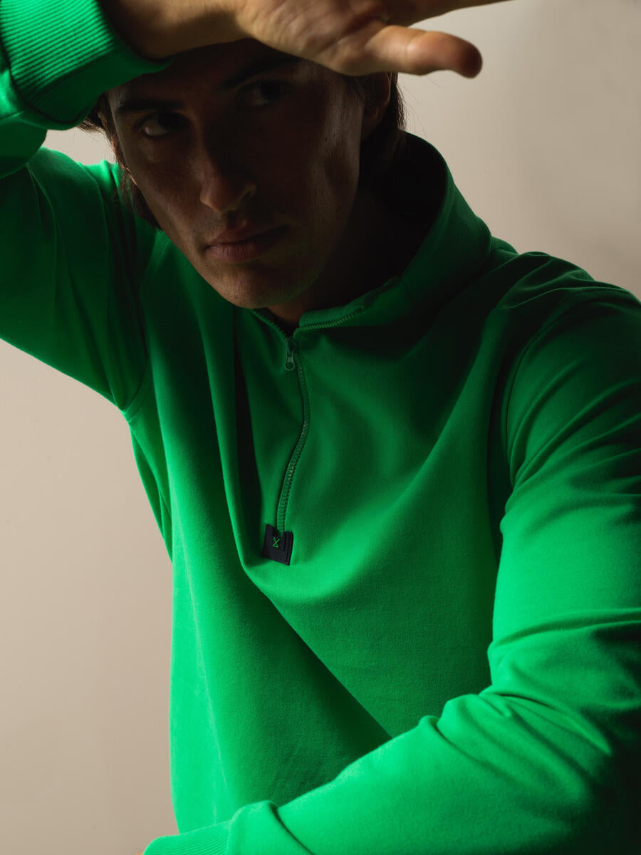 Men Zipped Up-Collar Green Pullover