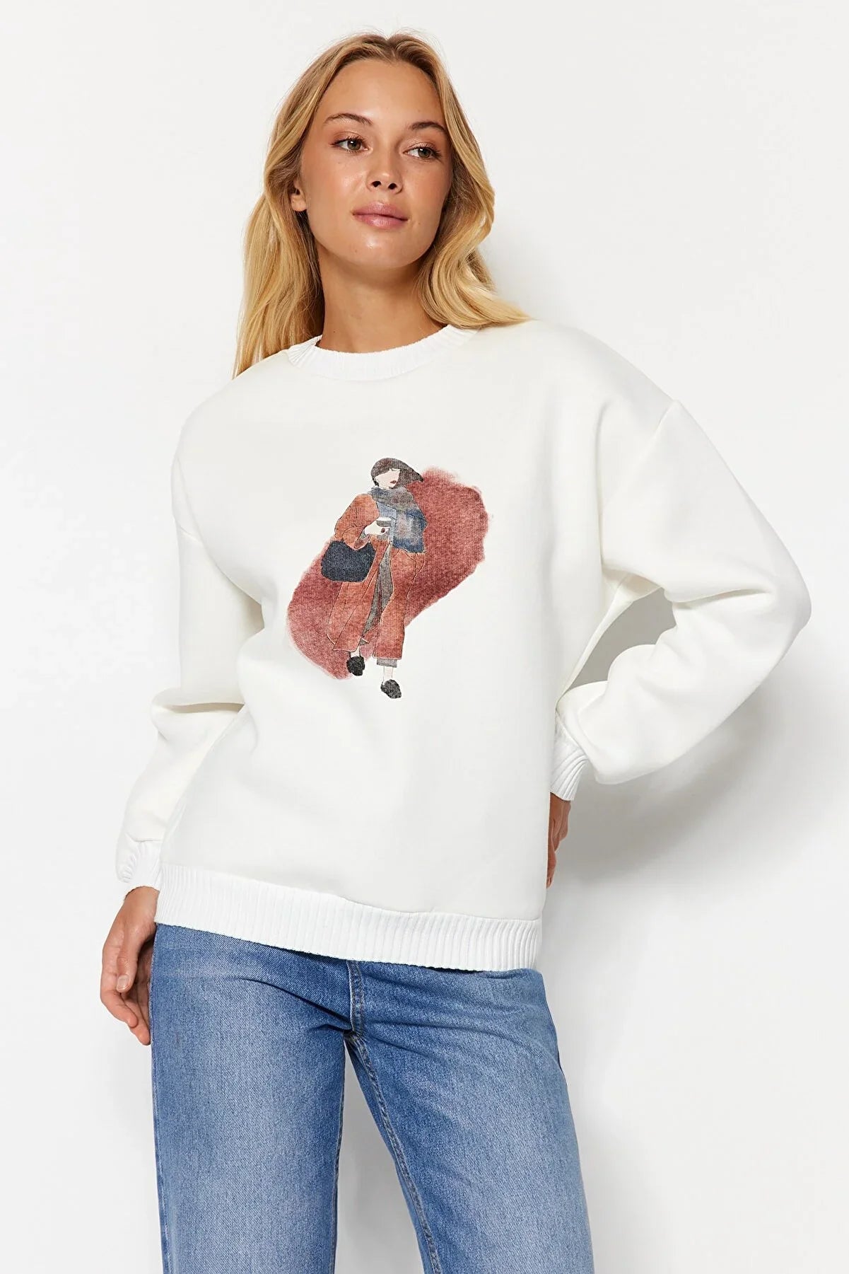 Trendyol Printed Design Off White Sweater