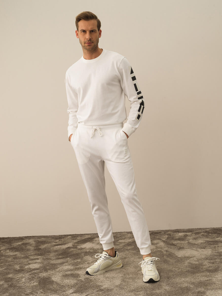 Men Patterned Design White Sweat Pants