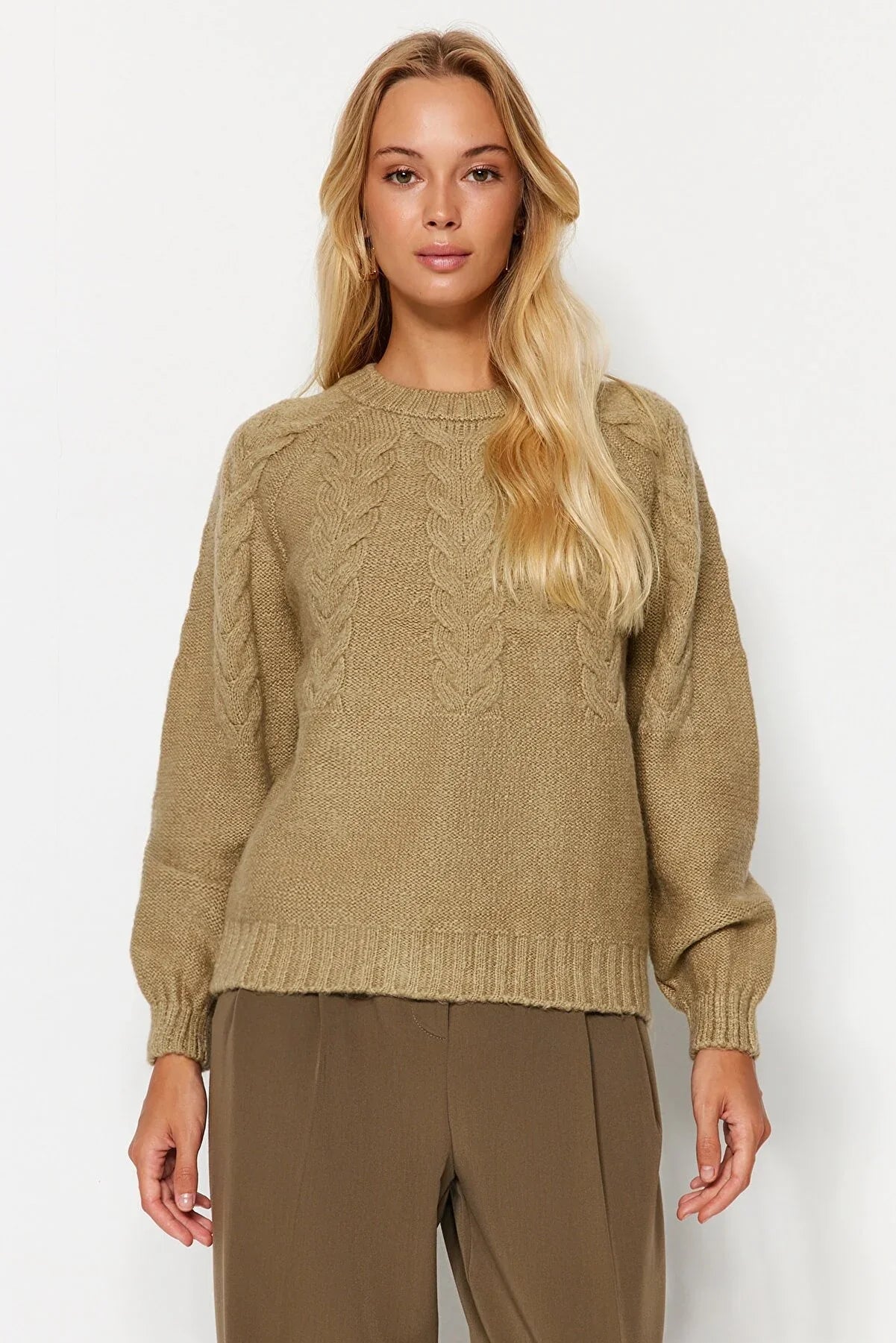 Trendyol Cable Knitted Camel Sweater
