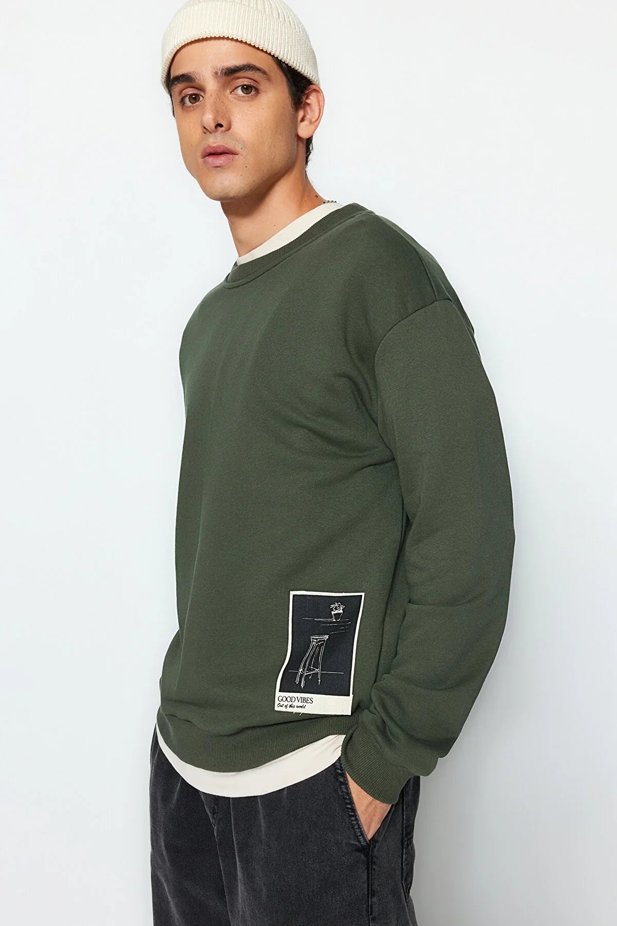 Trendyol Picture Printed Khaki Pullover