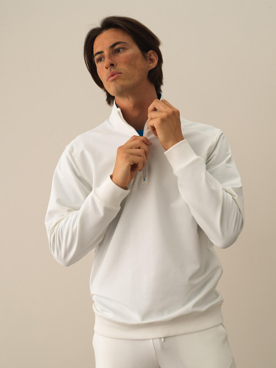 Men Zipped Up-Collar White Pullover