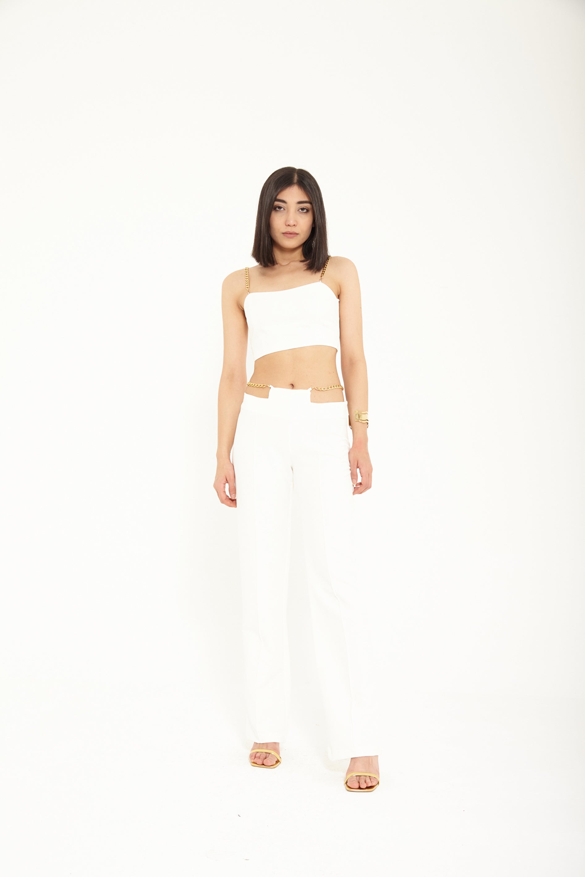 Women Off-White Pants With Golden Chain Design