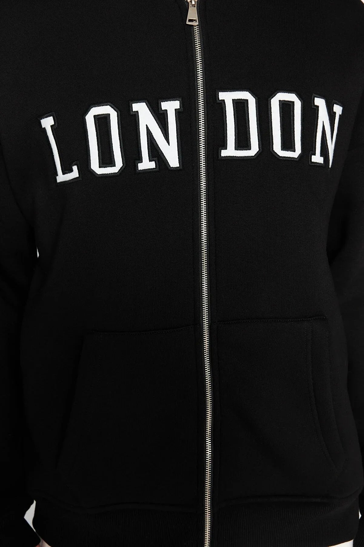 Trendyol "London Printed" Black Hoodie Jacket