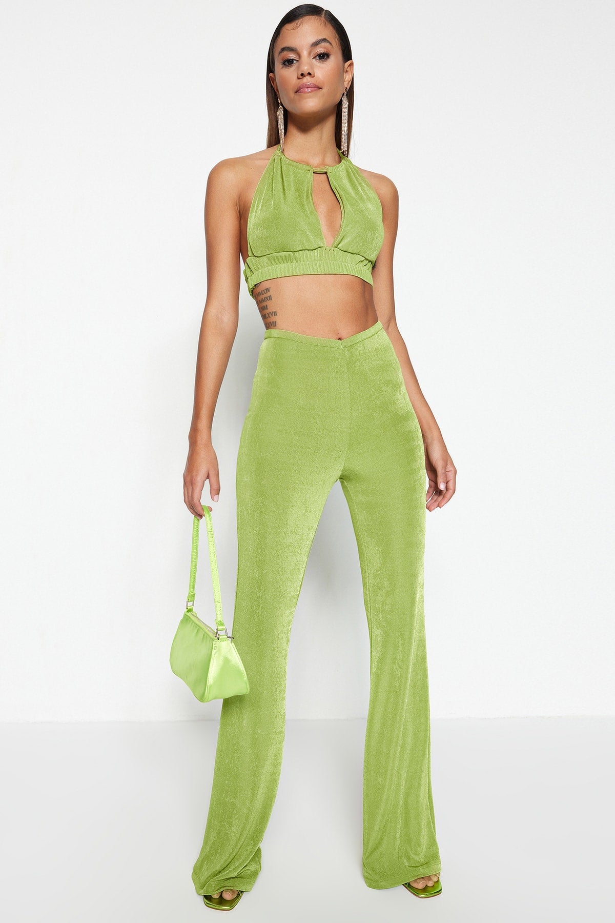 Trendyol Oil Green Classy Stylish Velvet Pants