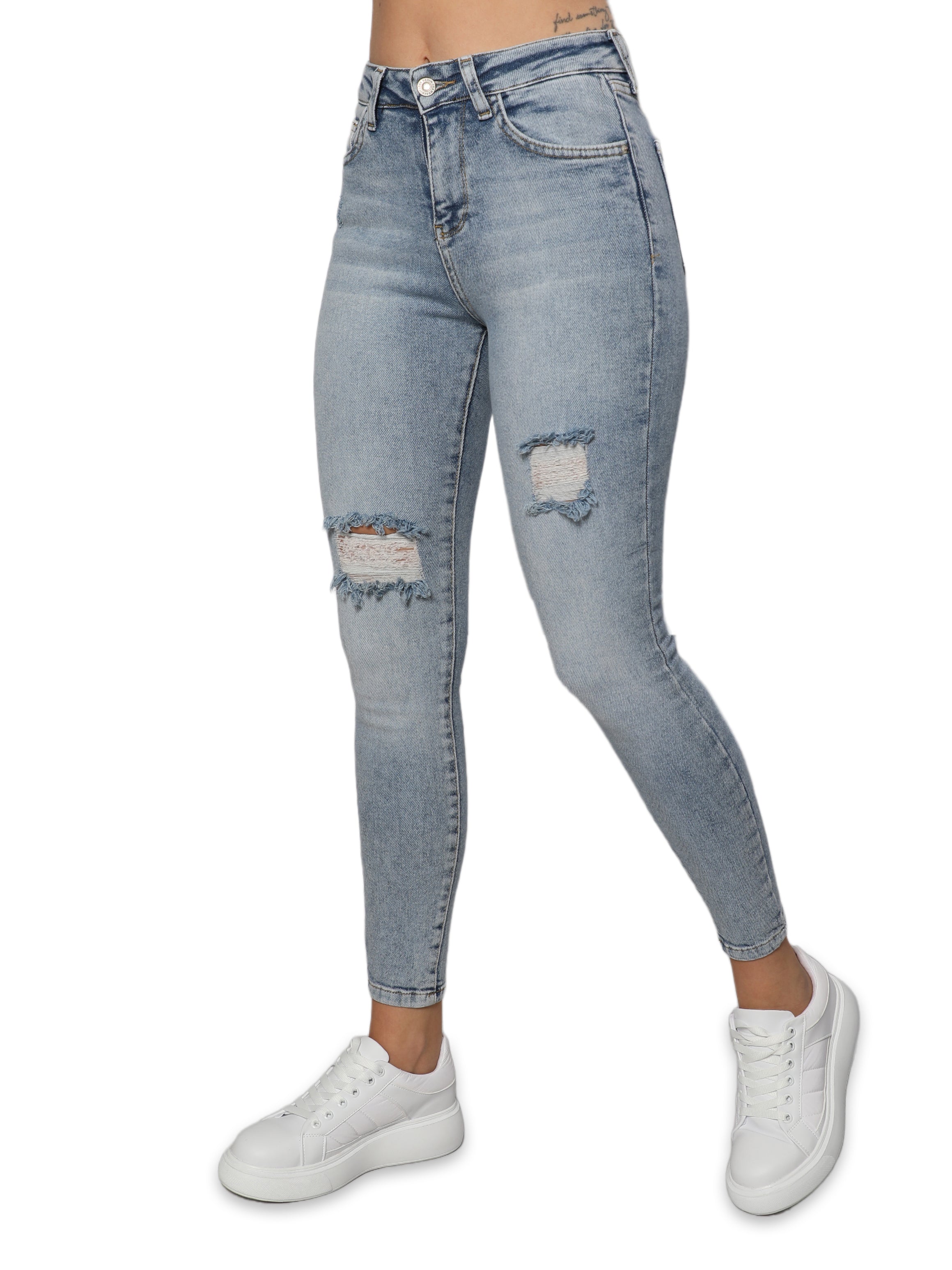 Women Skinny Blue Jeans With Ripped Design