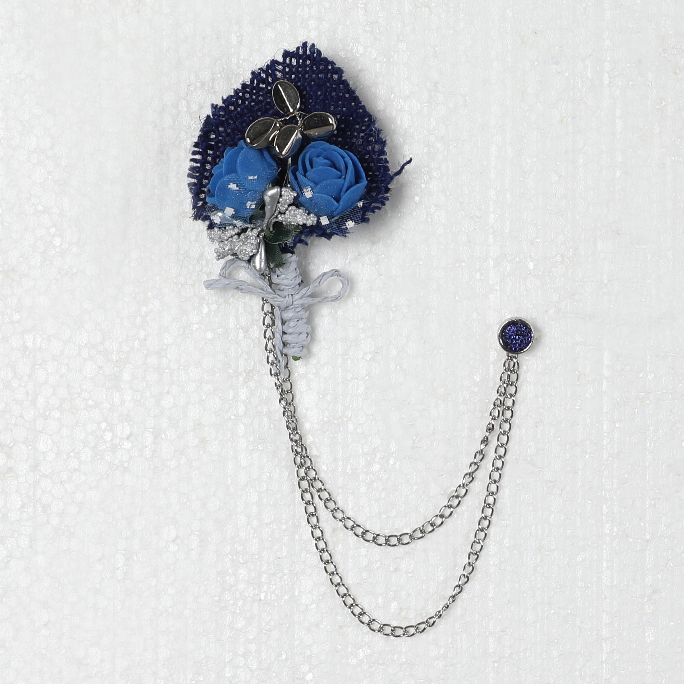 Men Silver Chained Pin With Blue Flower Design