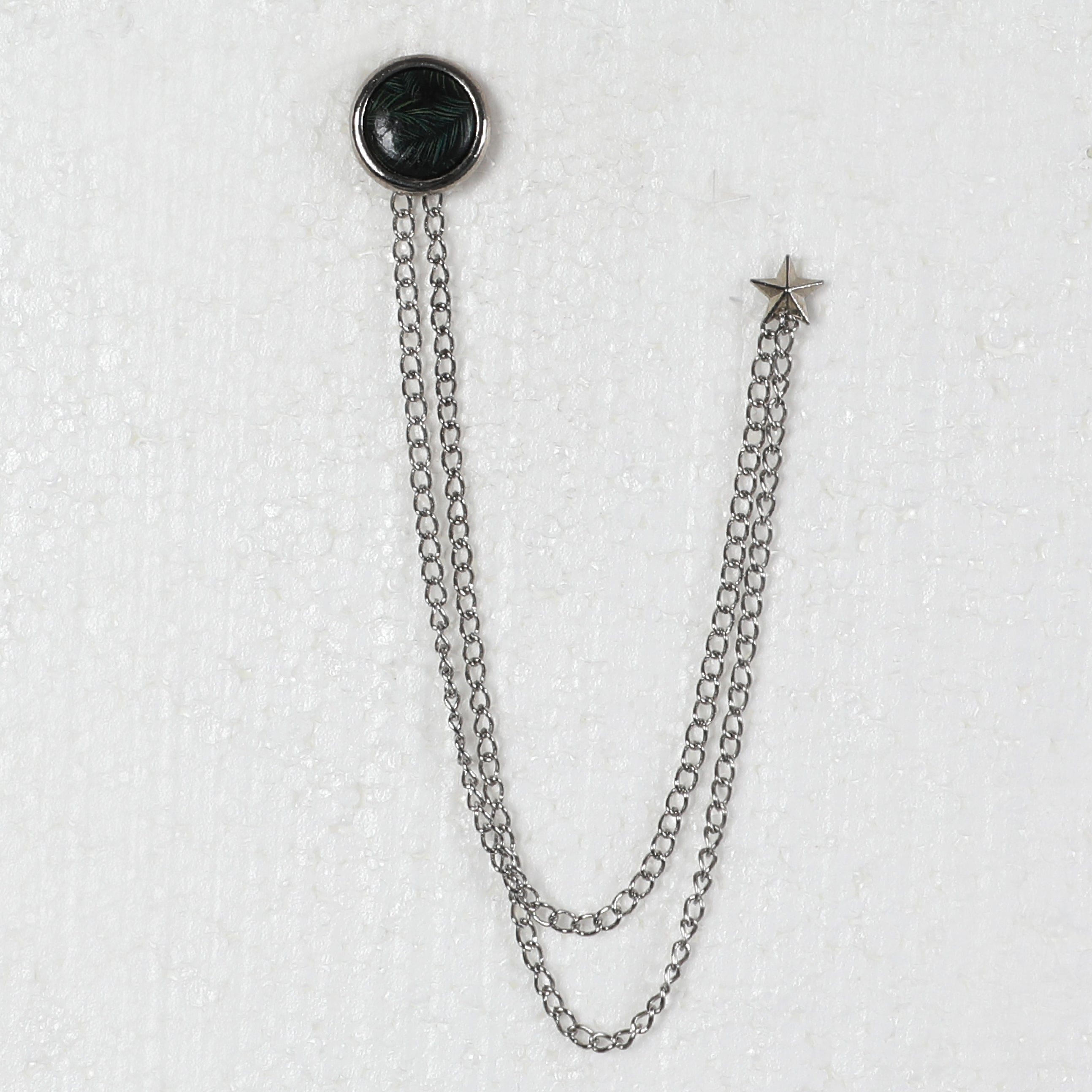 Men Silver Chained Pin With Circled Ornamented Black Design 
