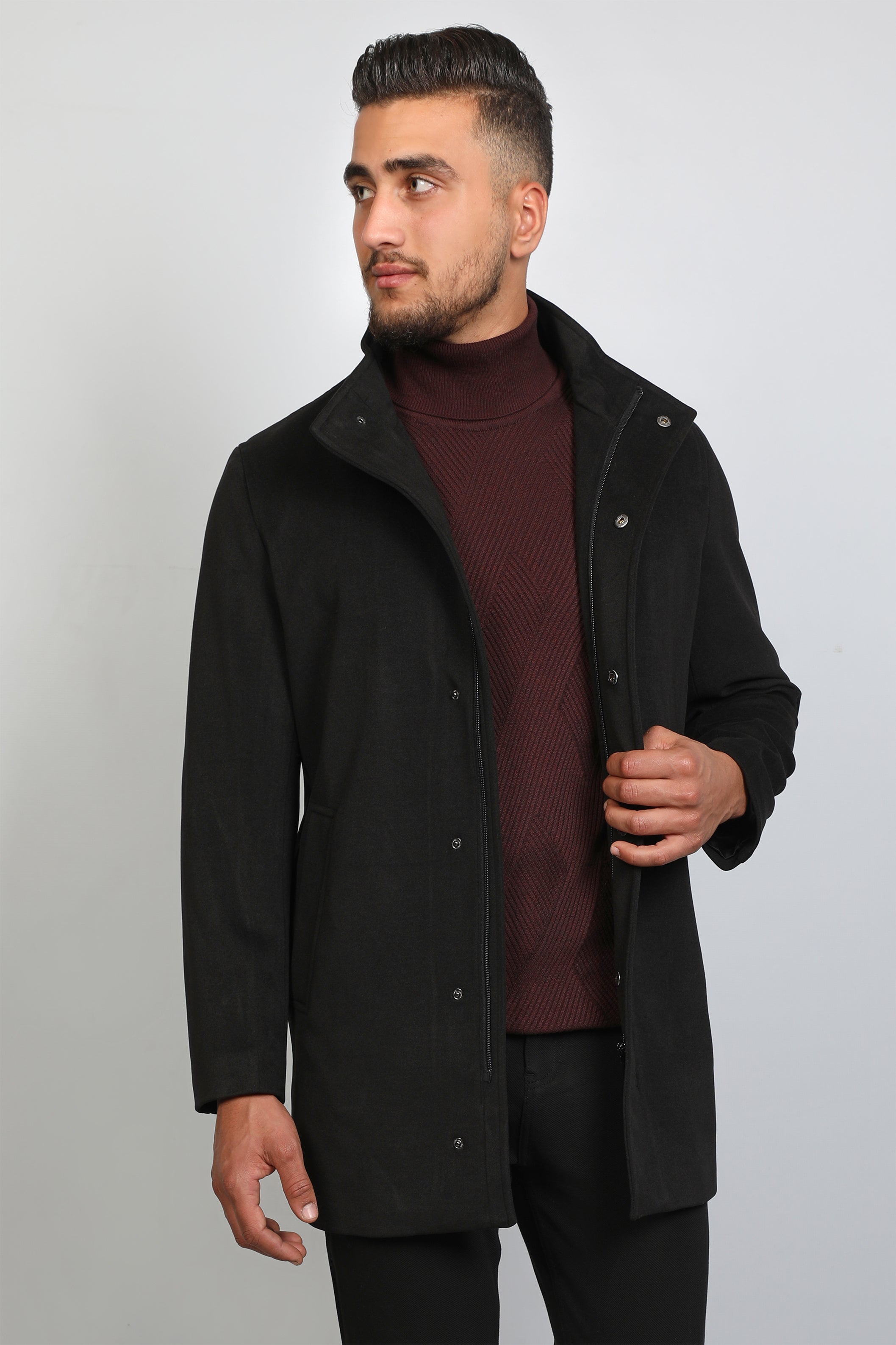 Men Up-Collar Black Coat