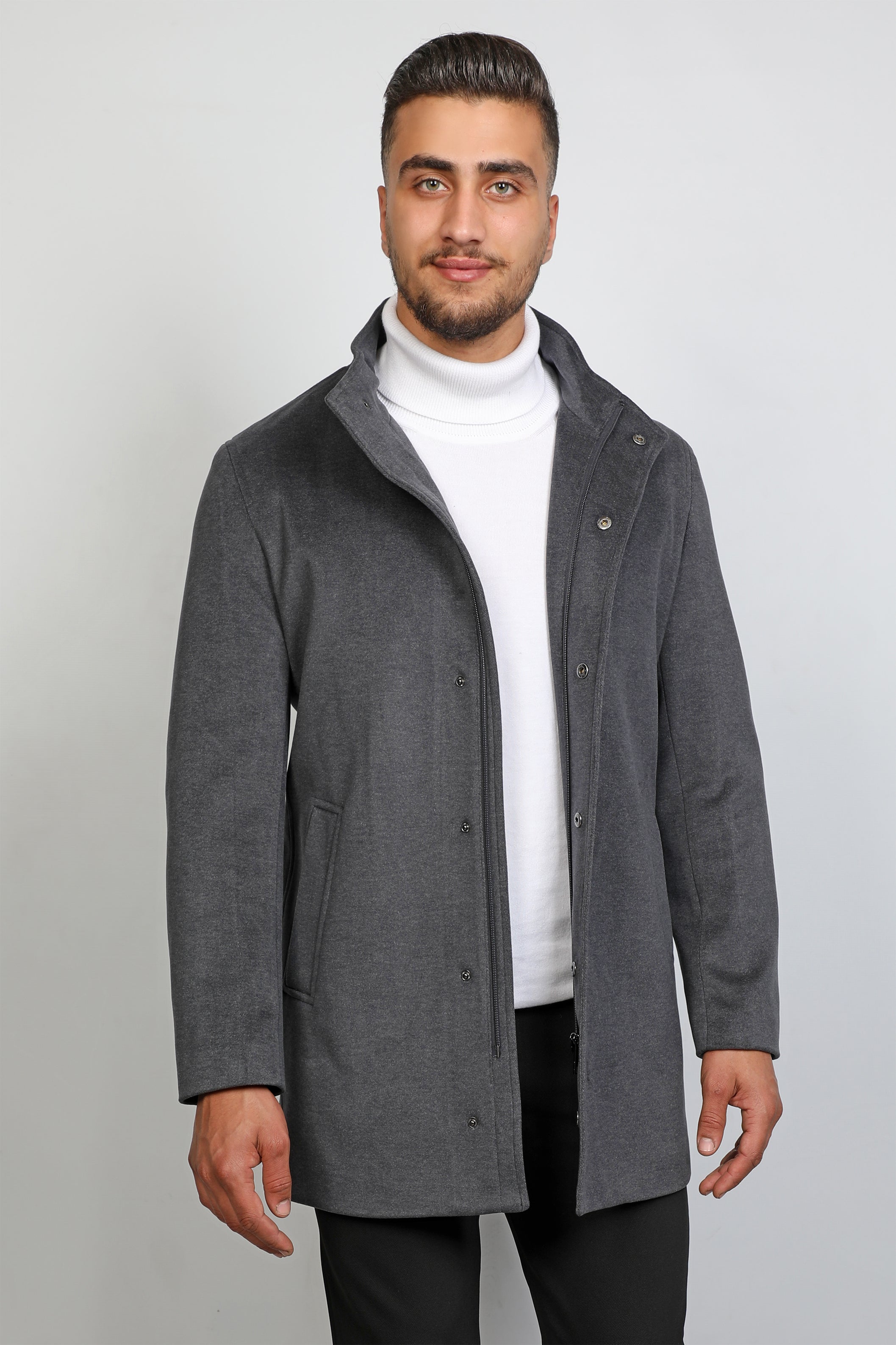 Men Up-Collar Grey Coat