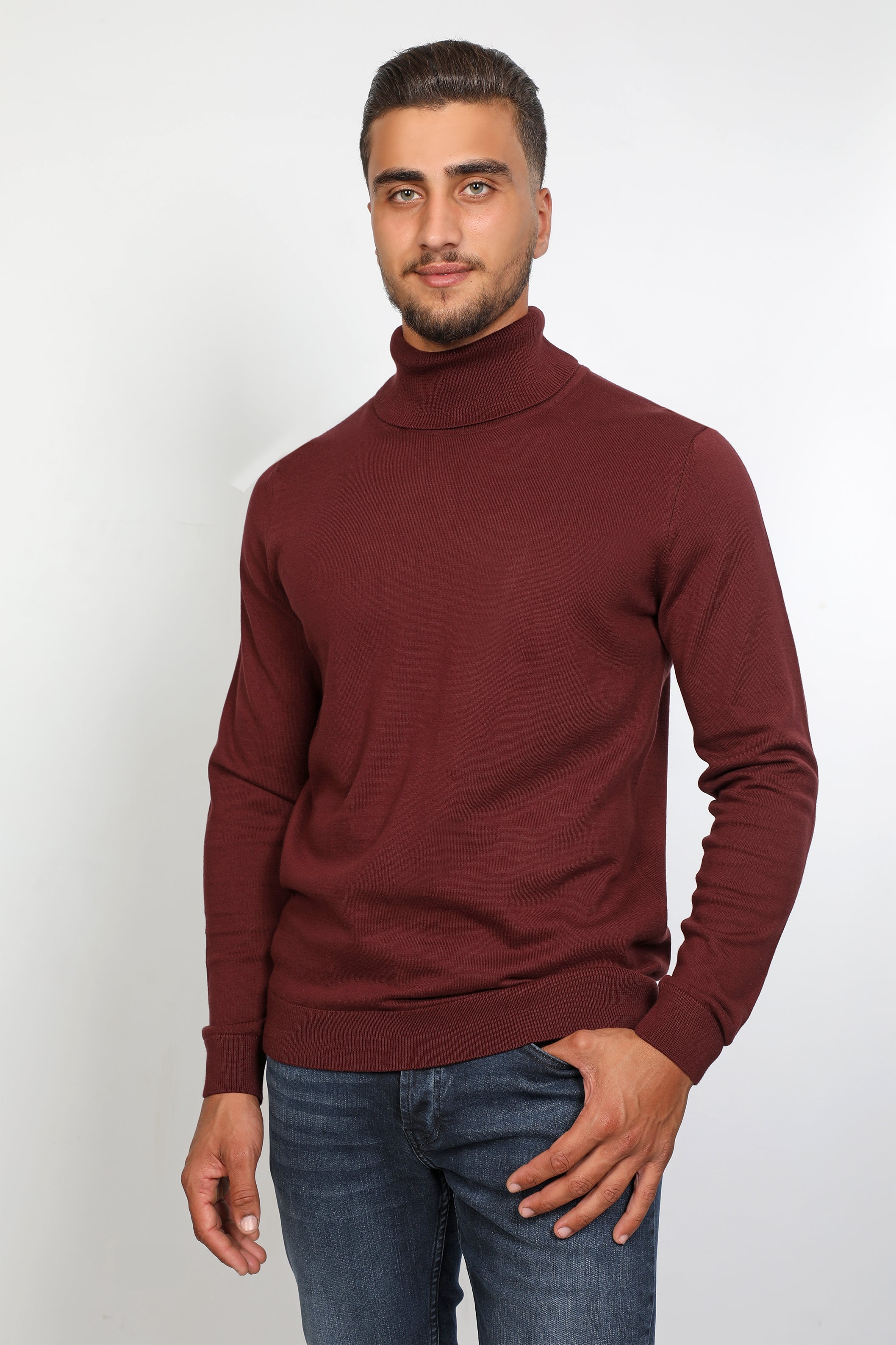 Men Basic Turtle Neck Folded Collar Bordo Sweater