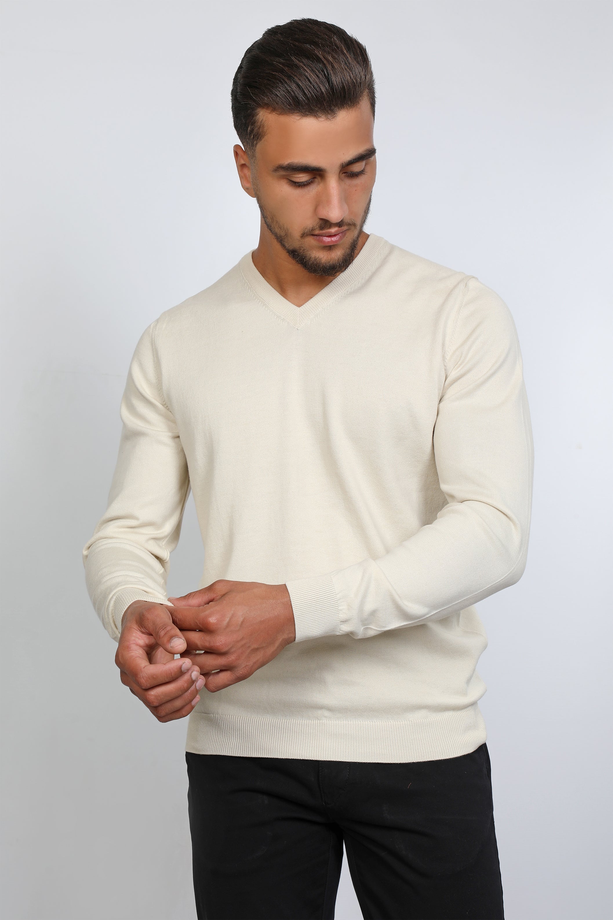 Men Basic V-Neck Beige Sweater