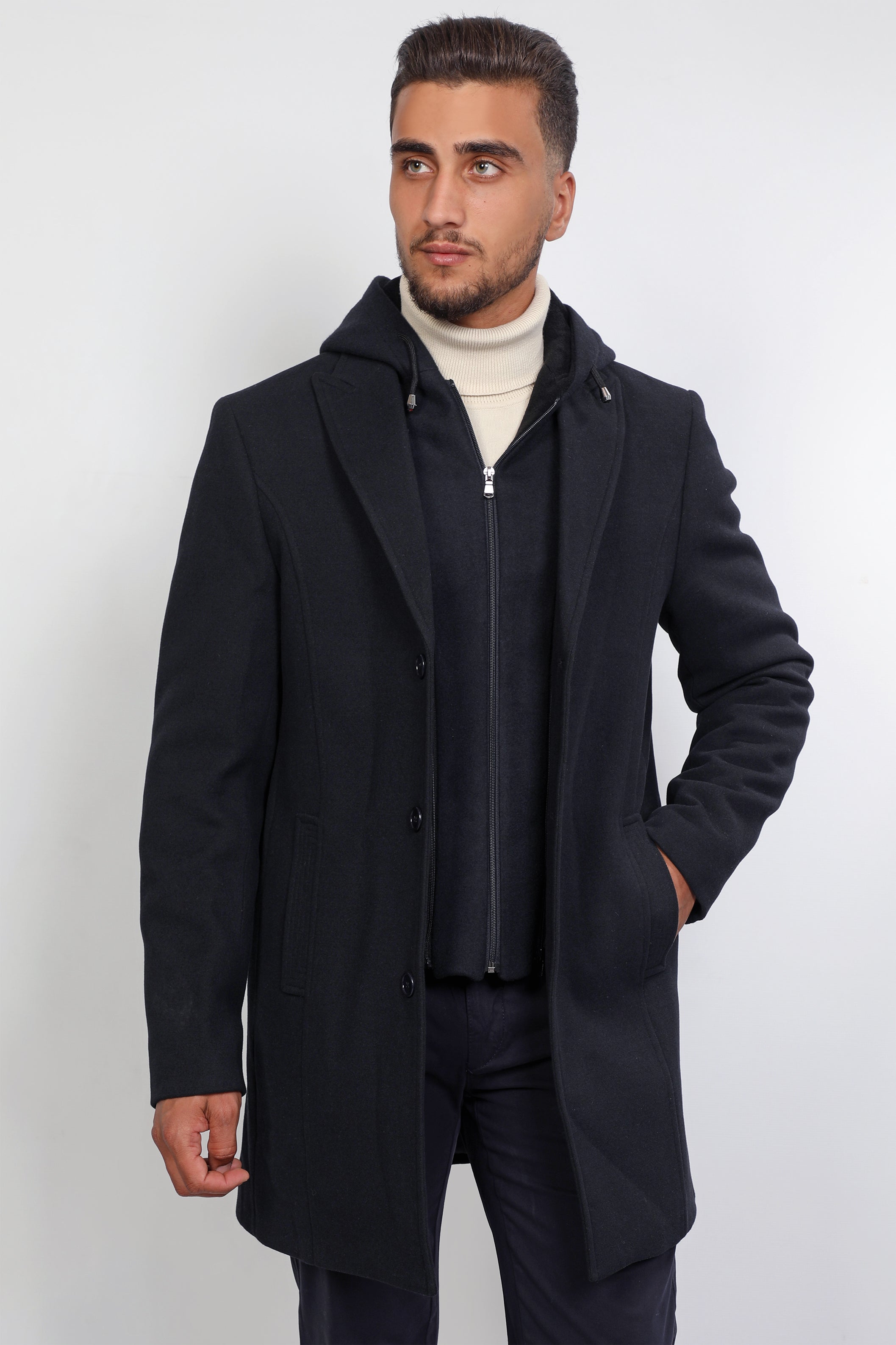 Men Double Phased Navy Coat With Hoodie