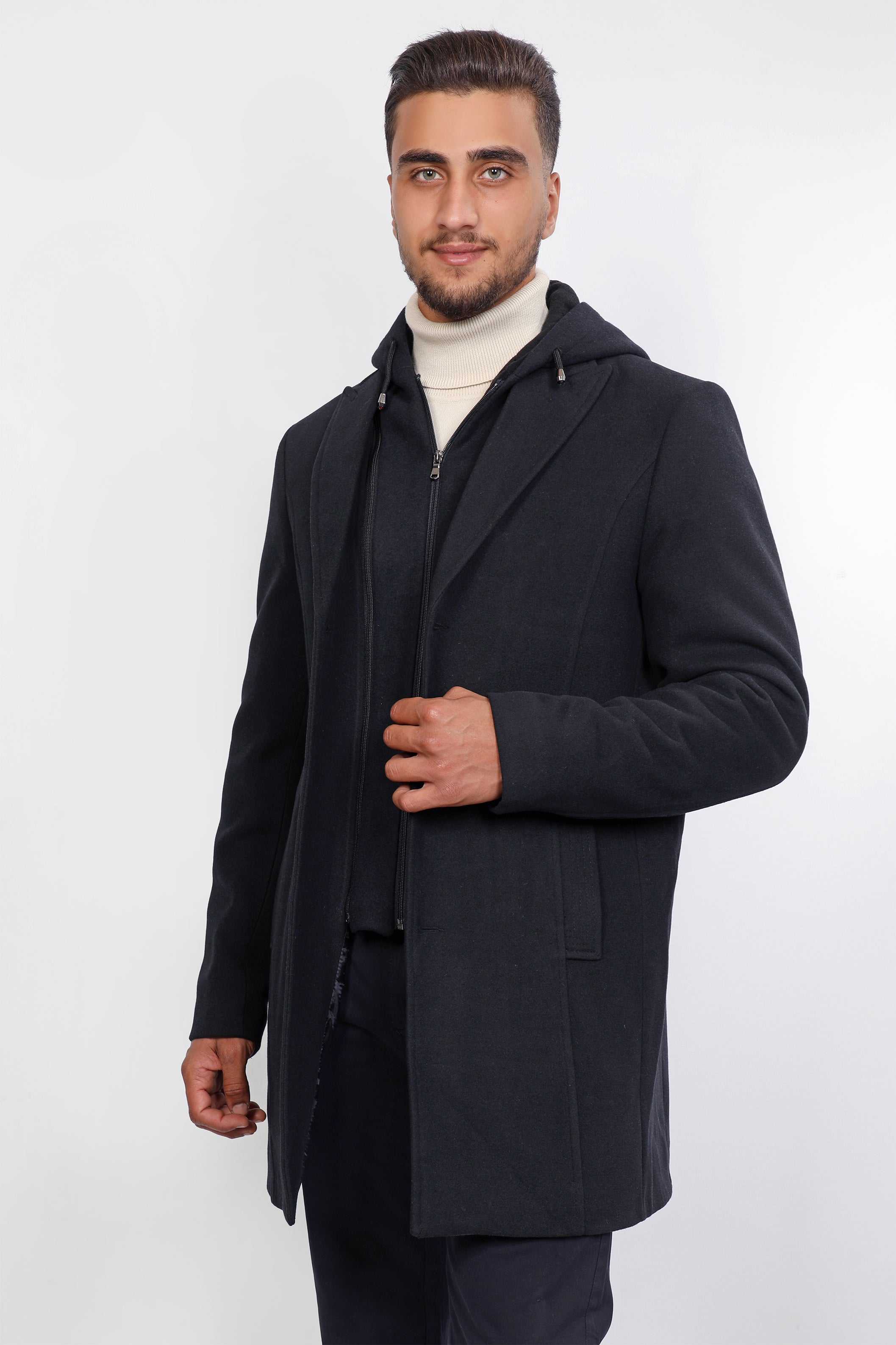 Men Double Phased Navy Coat With Hoodie