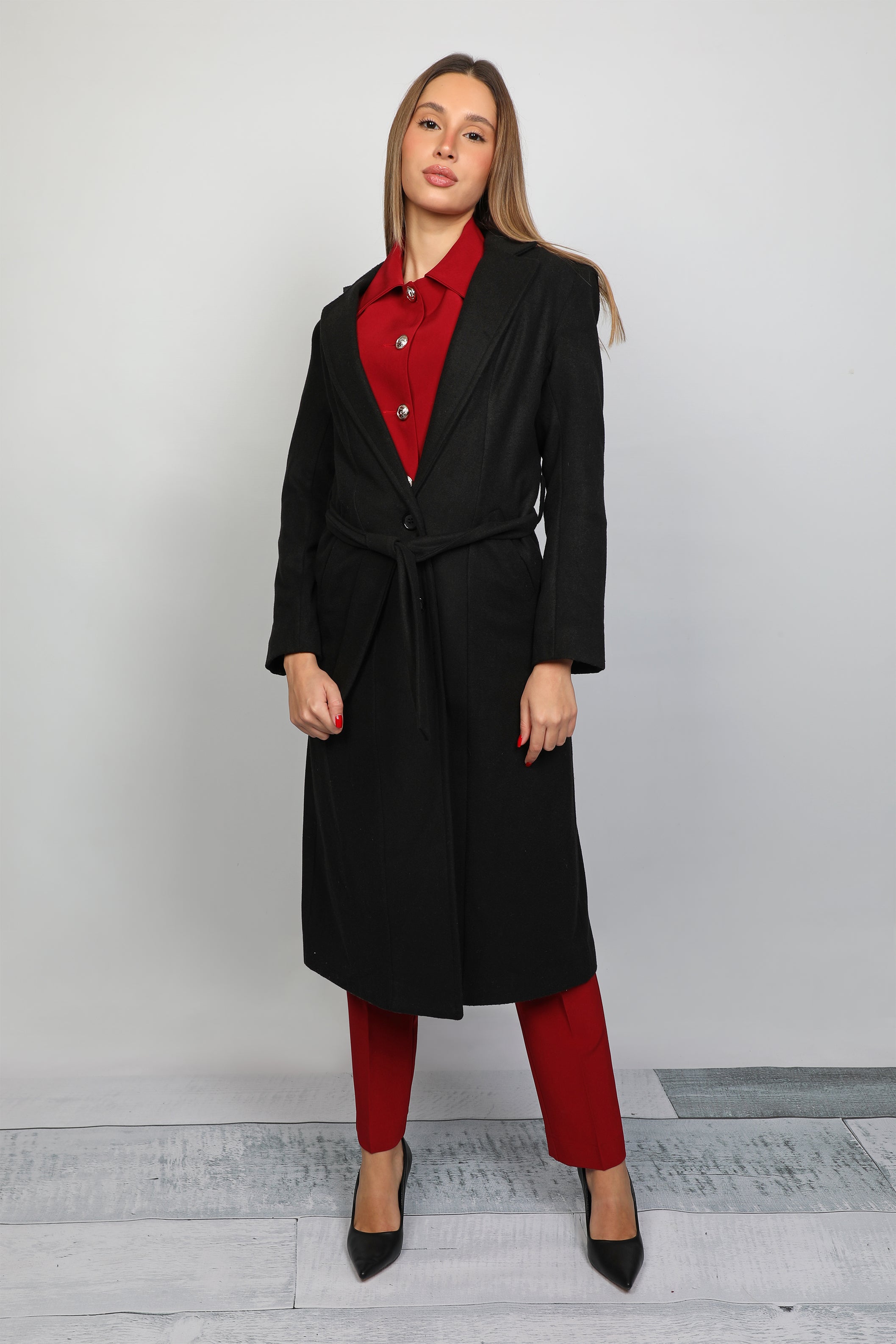 Women Belted Black coat