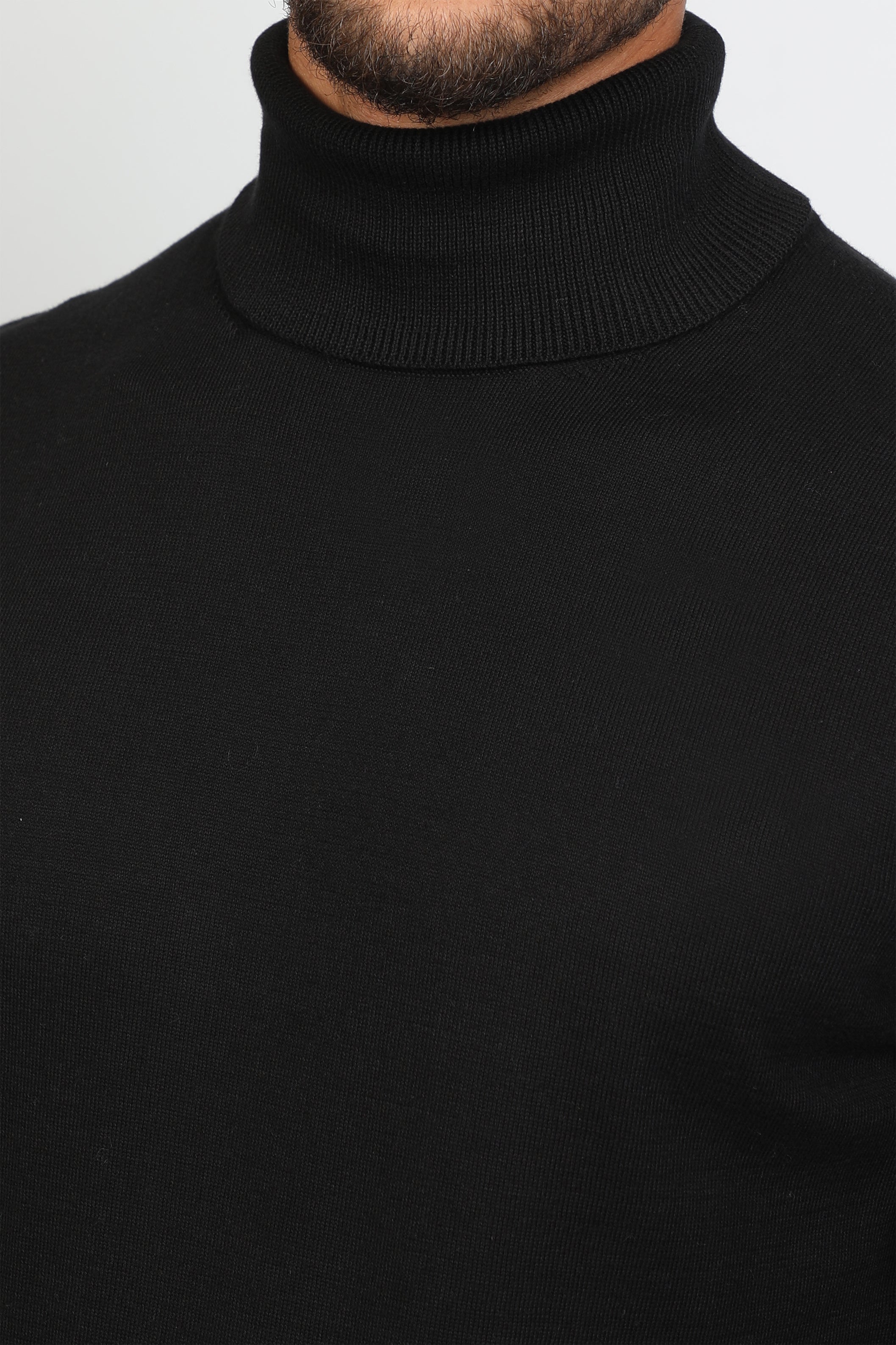 Men Basic Turtle Neck Folded Collar Black Sweater