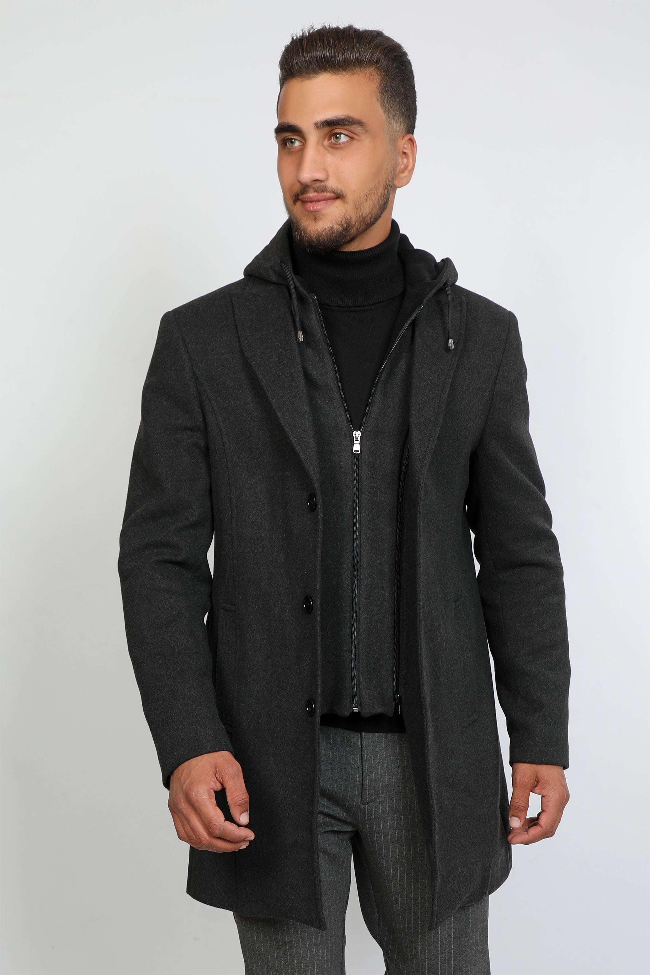 Men Double Phased Antrasit Coat With Hoodie