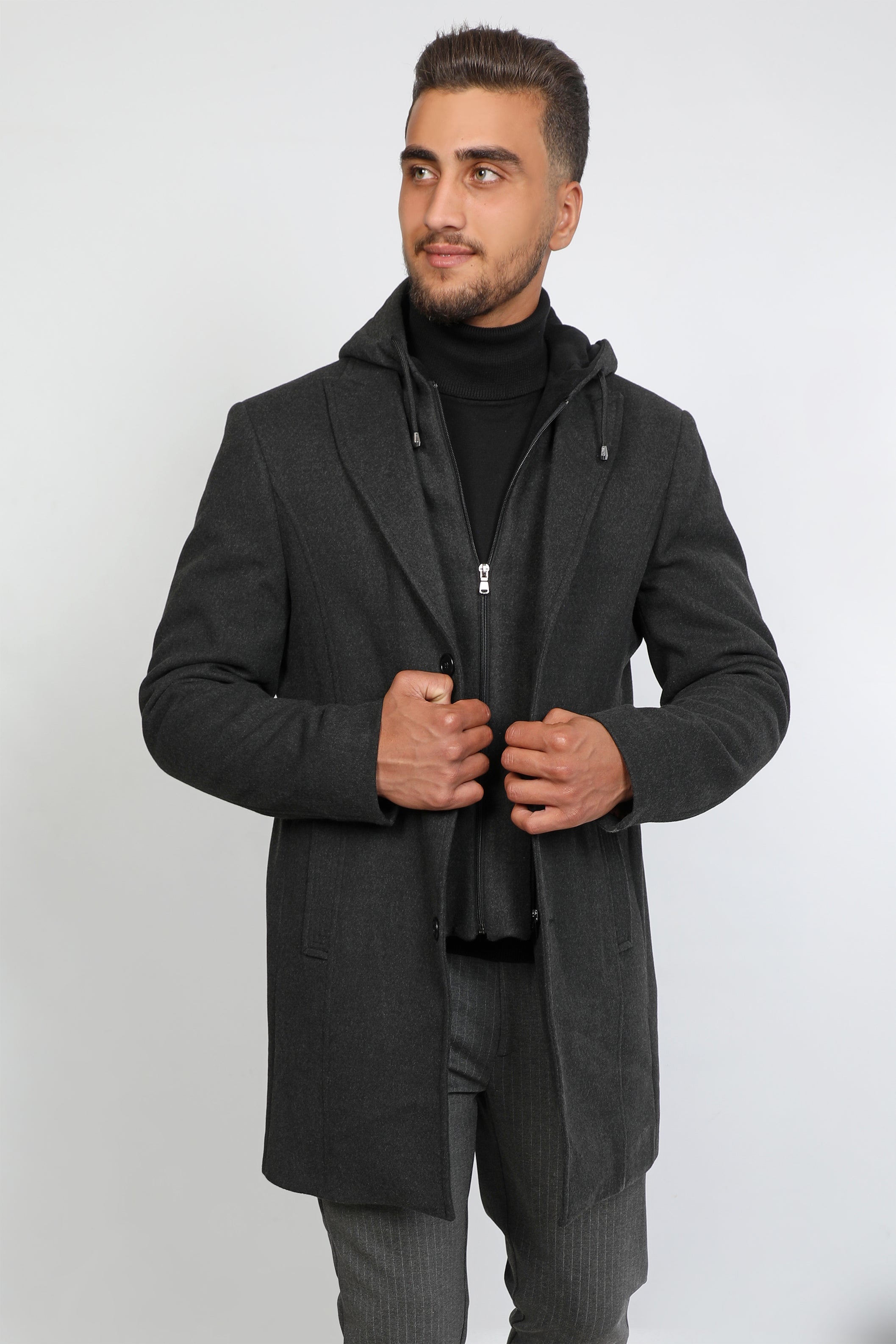 Men Double Phased Antrasit Coat With Hoodie