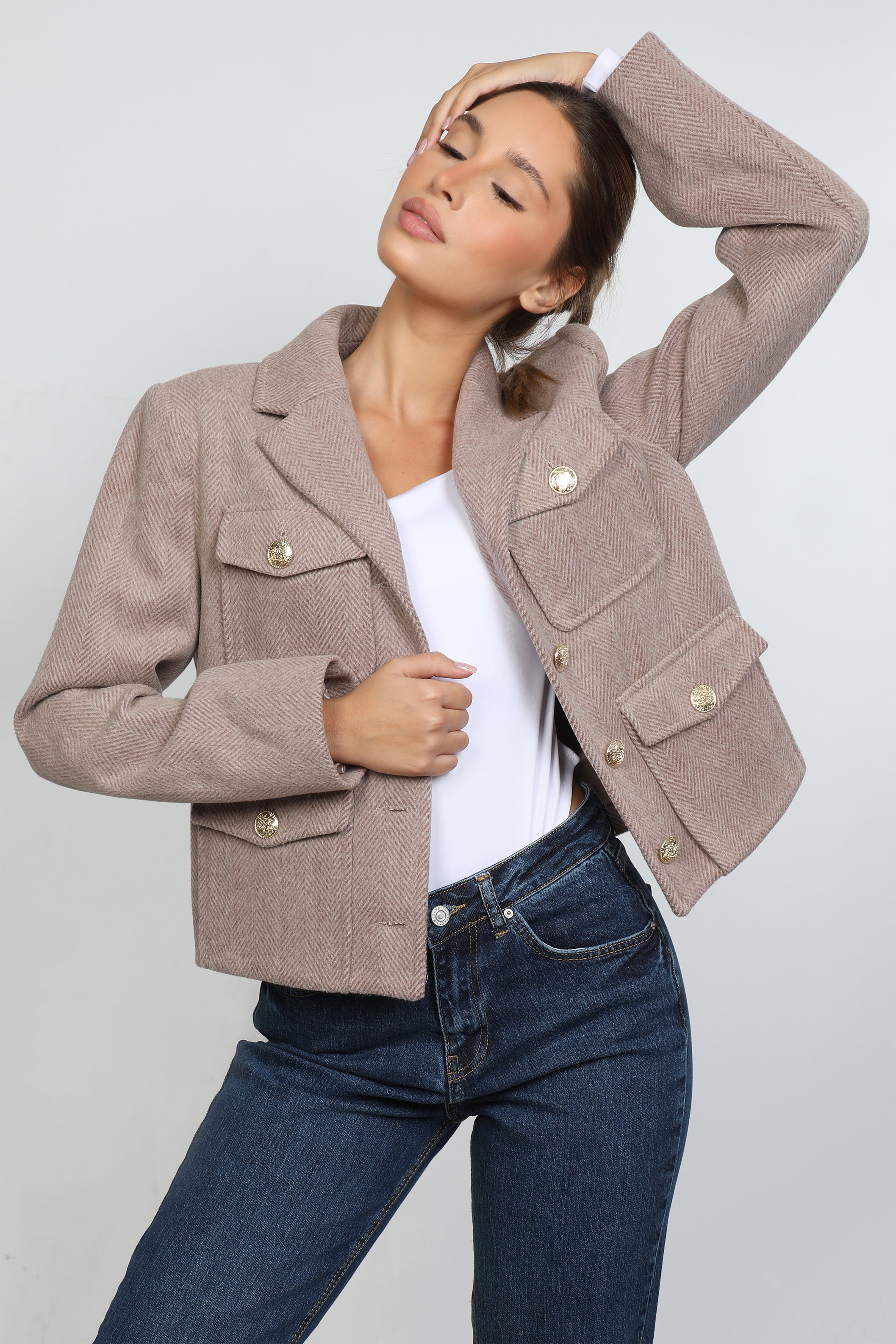 Women Reverse Collar Beige Classy Jacket