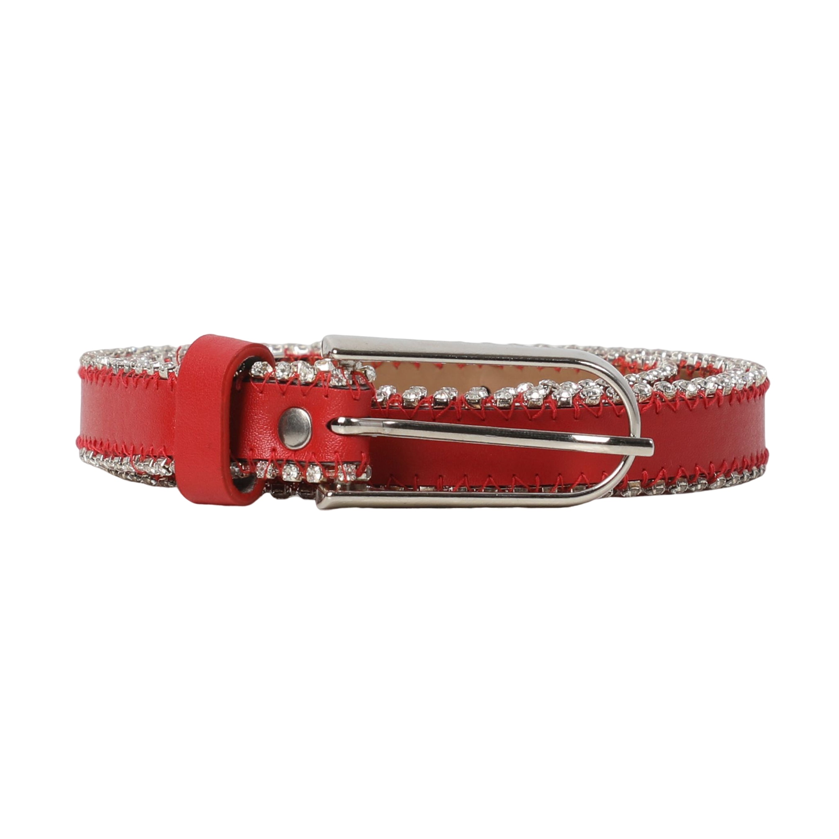 Women Red Thin Belt With Crystals Design All-Over