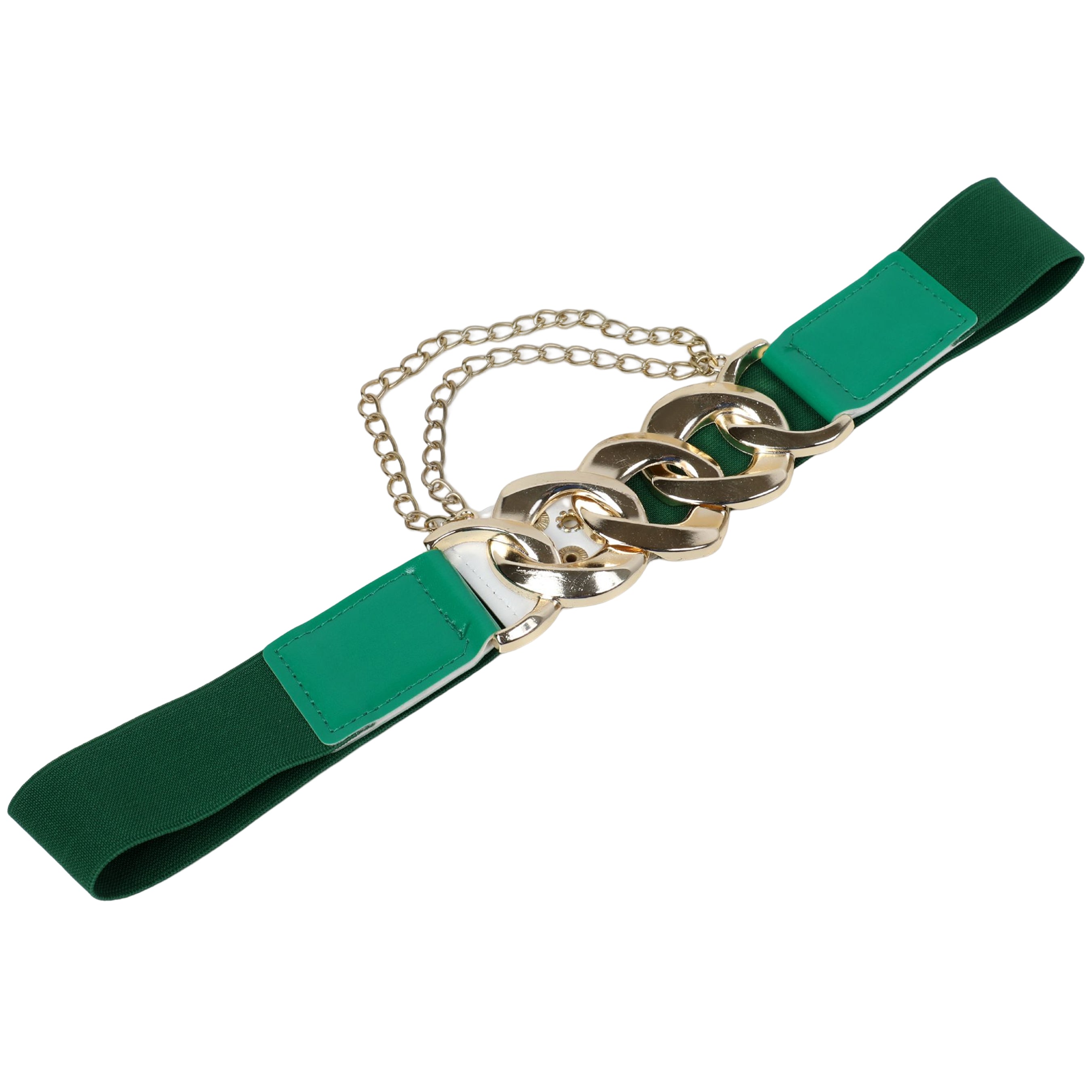Women Green Elastic Belt With Golden Chain Design