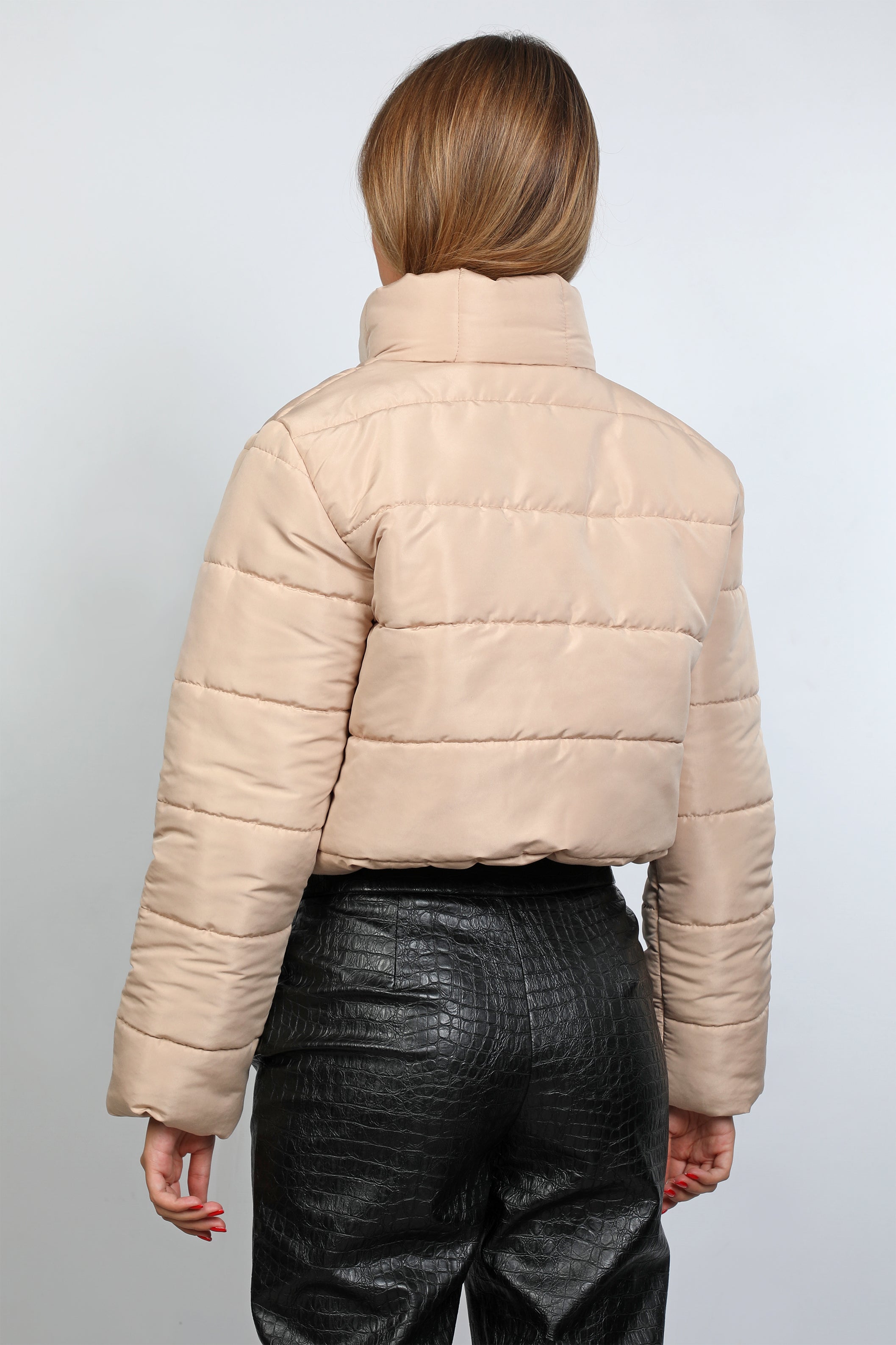 Women Up-Collar Beige Puffer Jacket