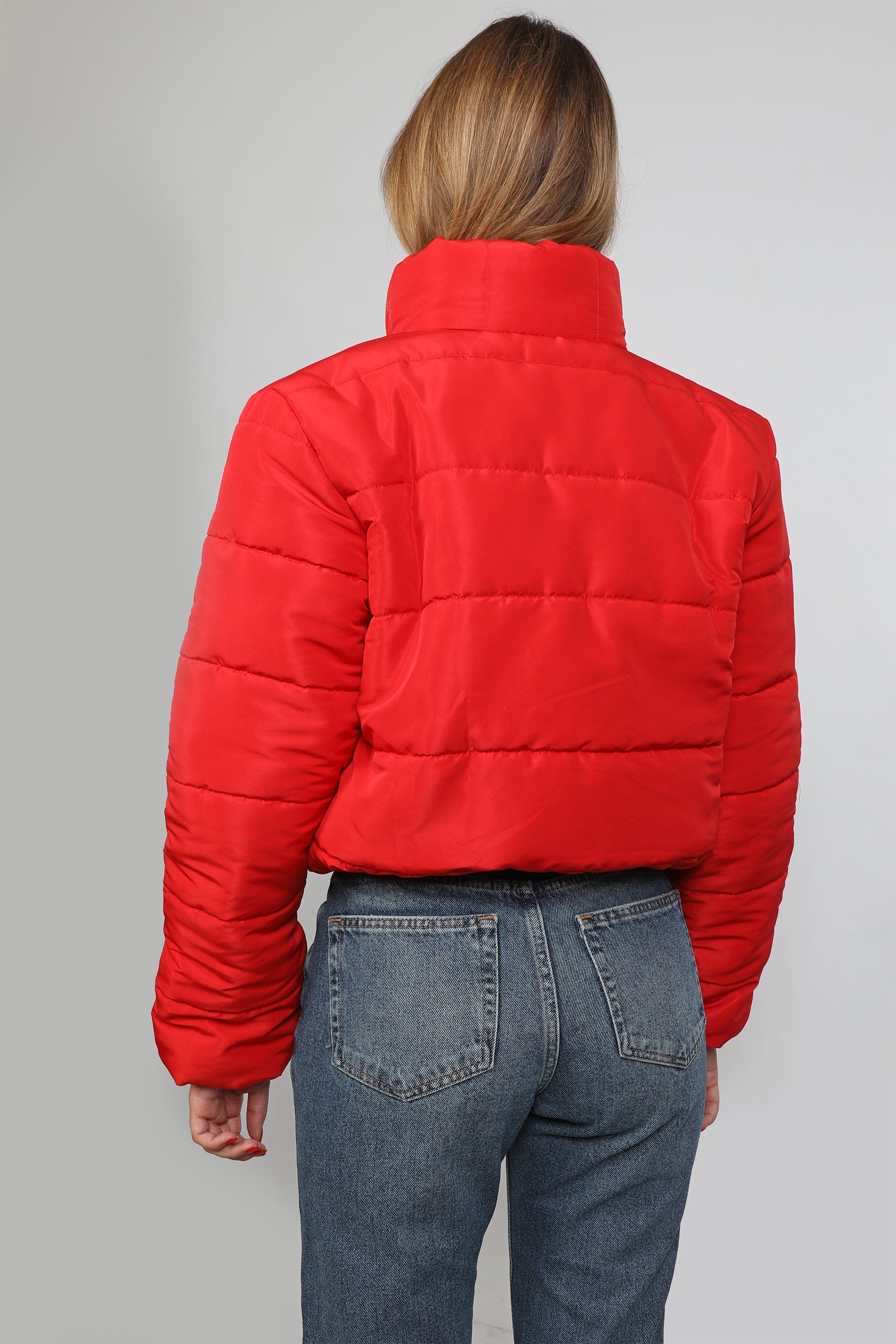 Women Up-Collar Red Puffer Jacket