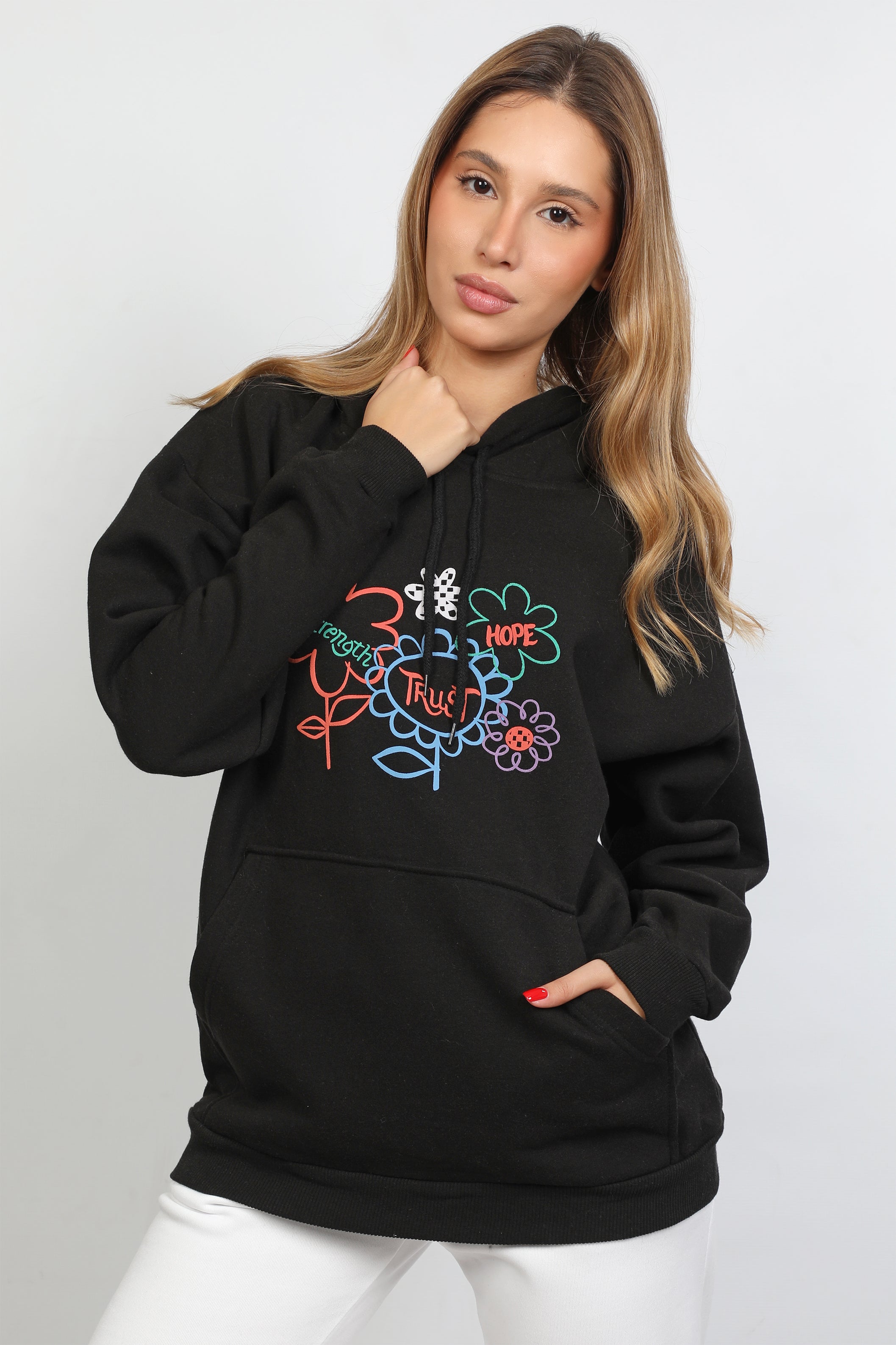 Women Flowered Quotes Designed Black Oversized Hoodie