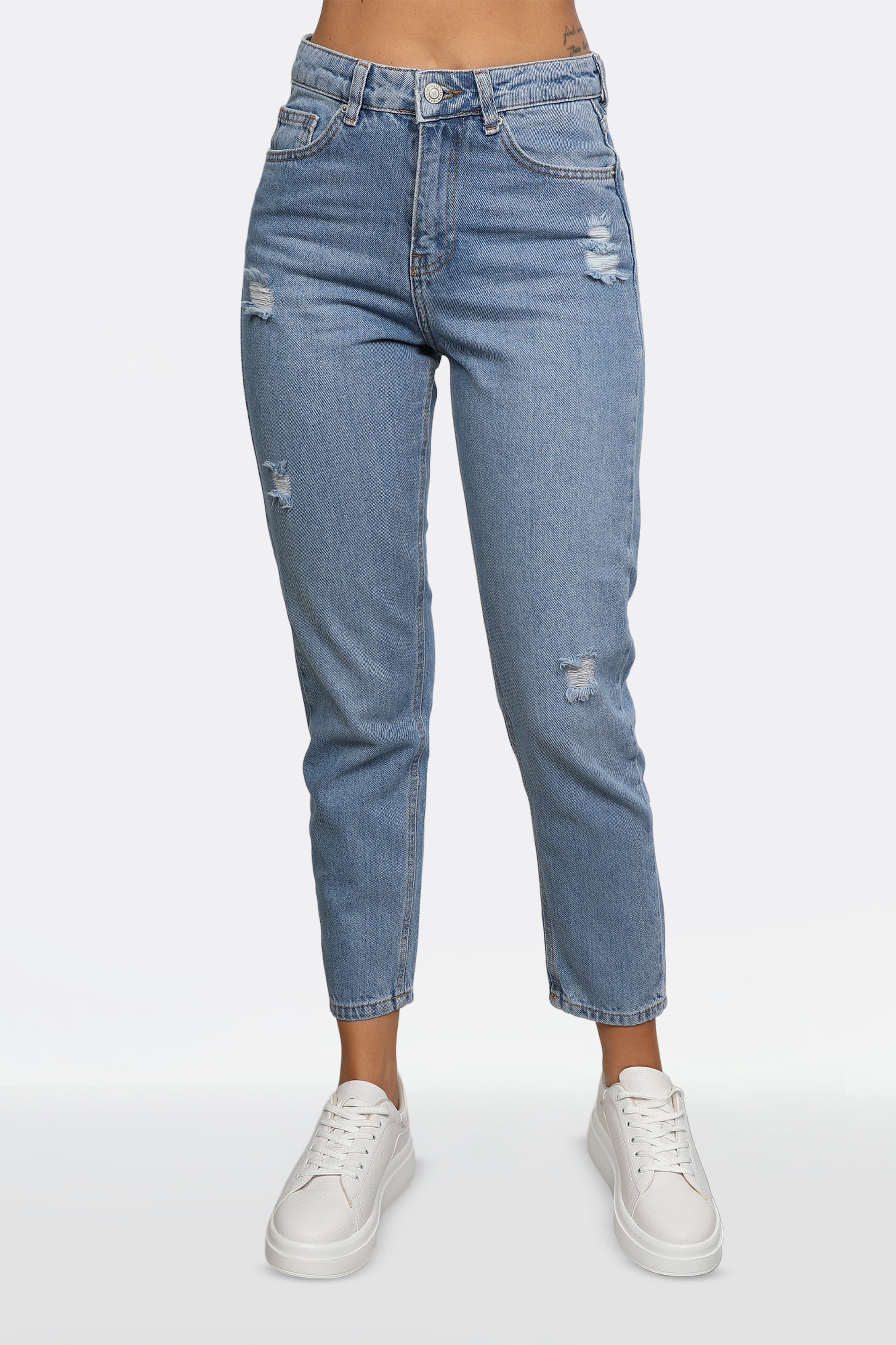 Women Mom-Fit Blue Ripped Jeans