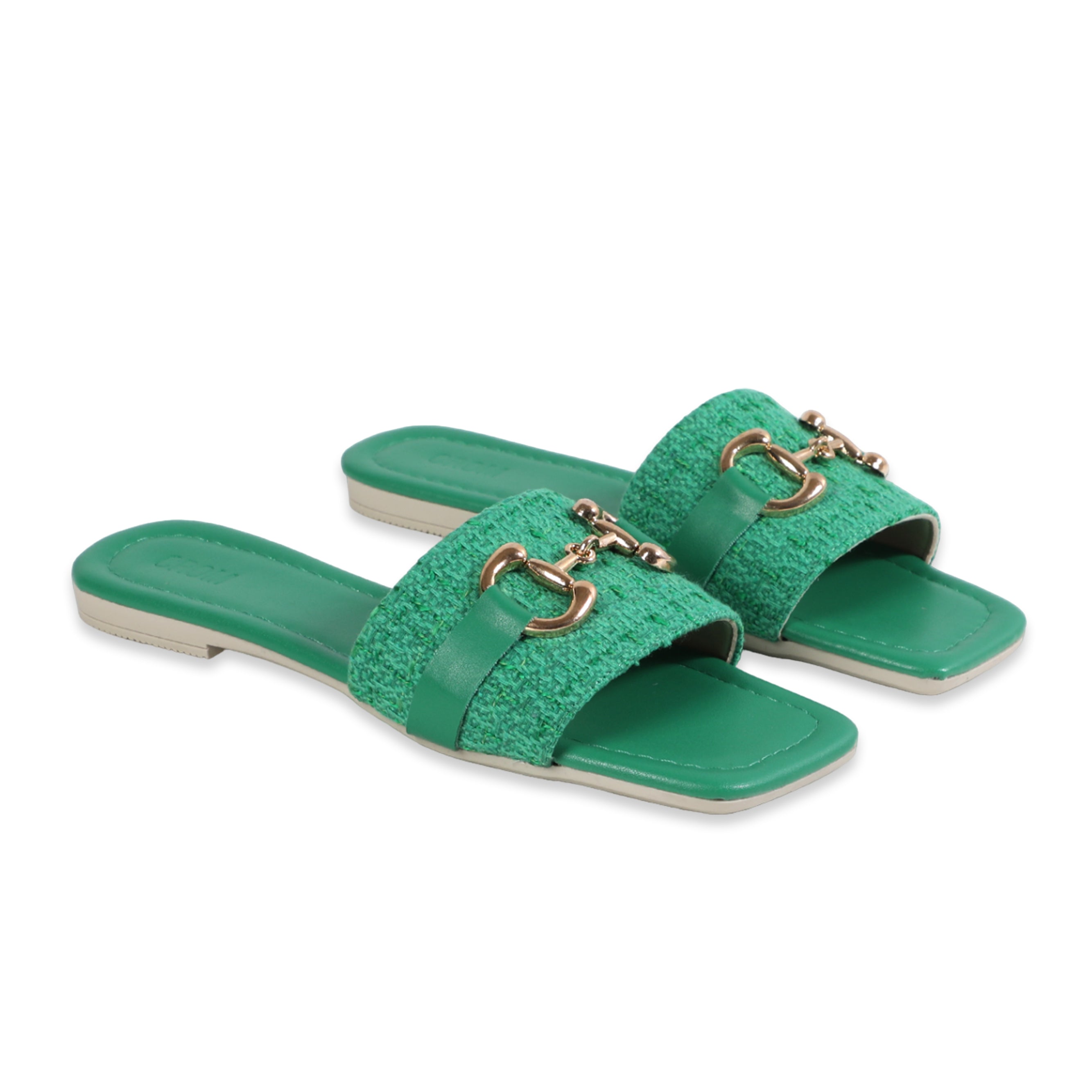 Women Green Stylish Slippers With Yarn Design And Golden Buckle