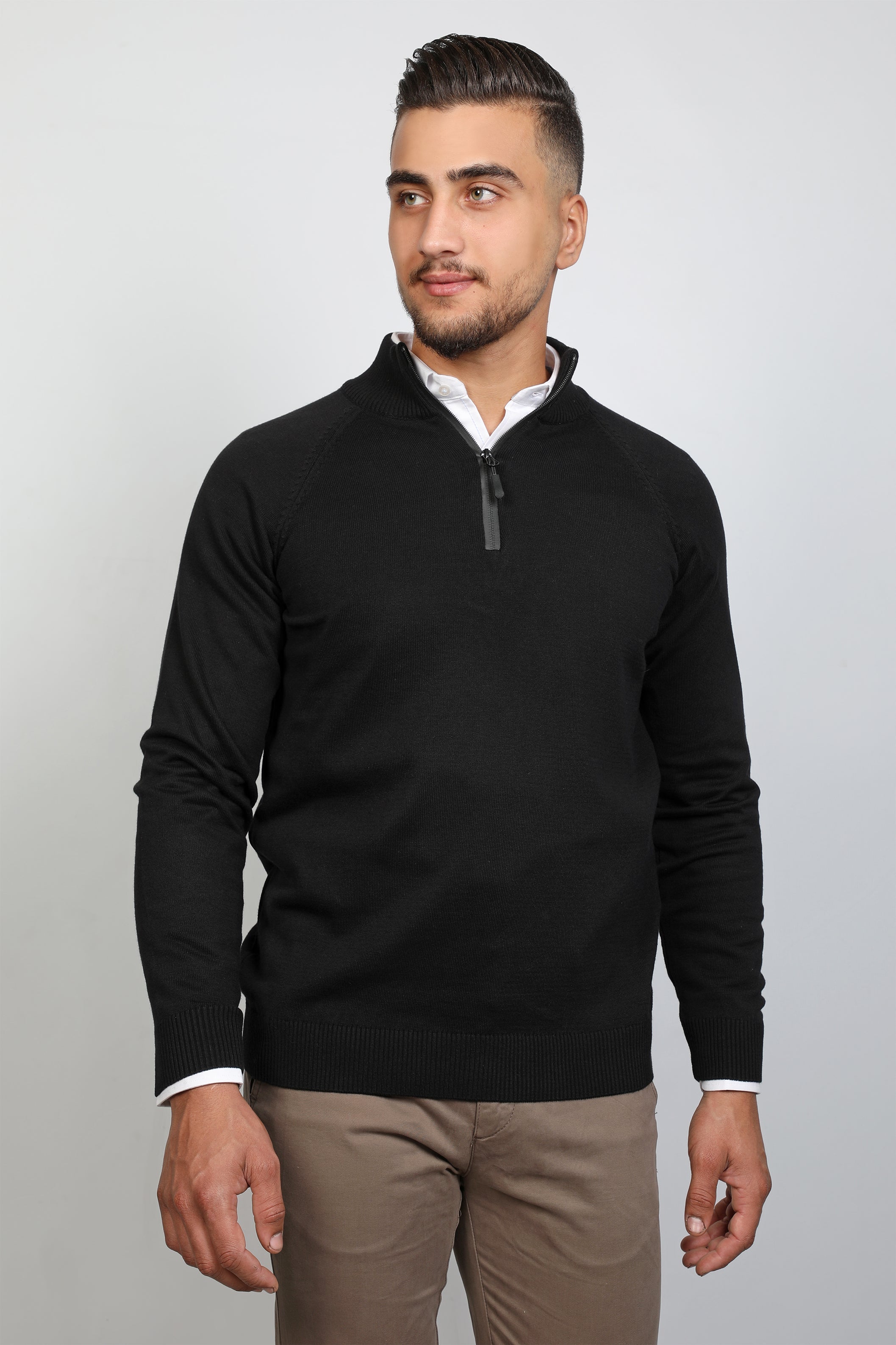 Men Zipped Collar Black Classy Sweater