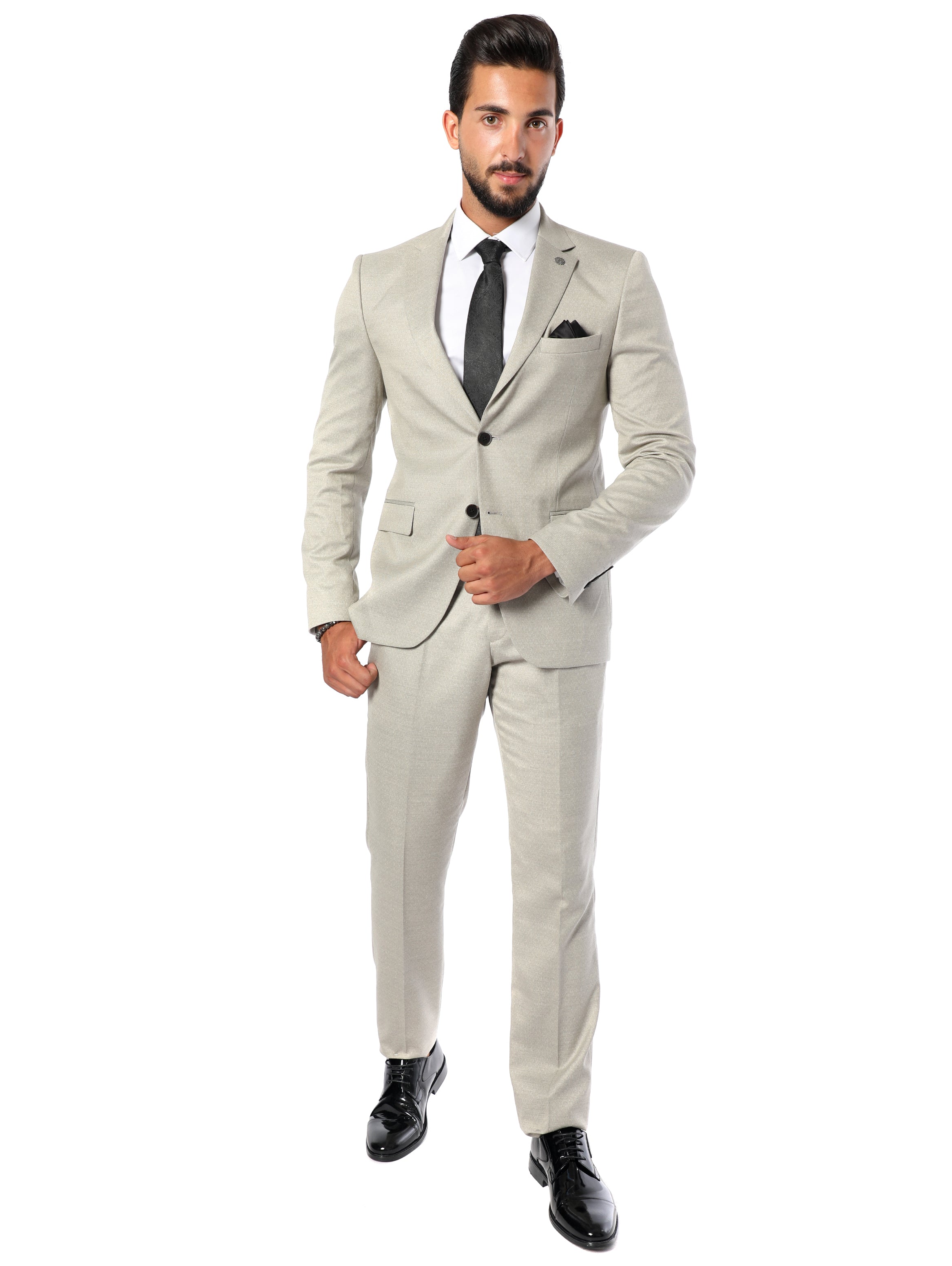 Beige Plain Classic Suit With Basic Button-up