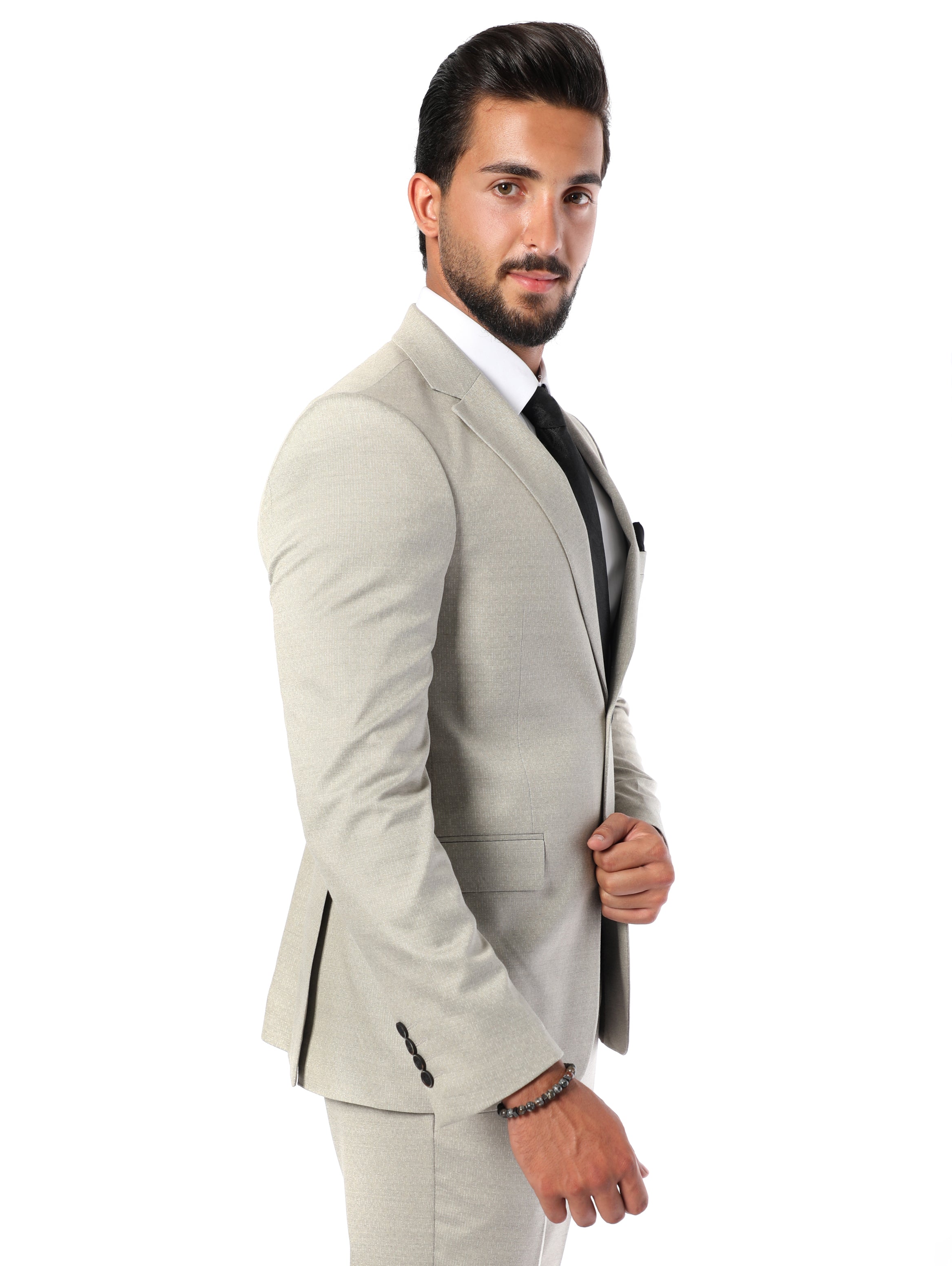 Beige Plain Classic Suit With Basic Button-up