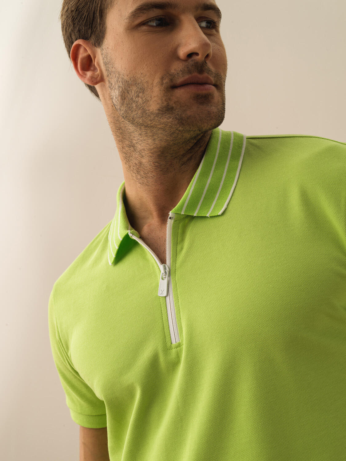 Men Half-Zipped Polo In Green And White