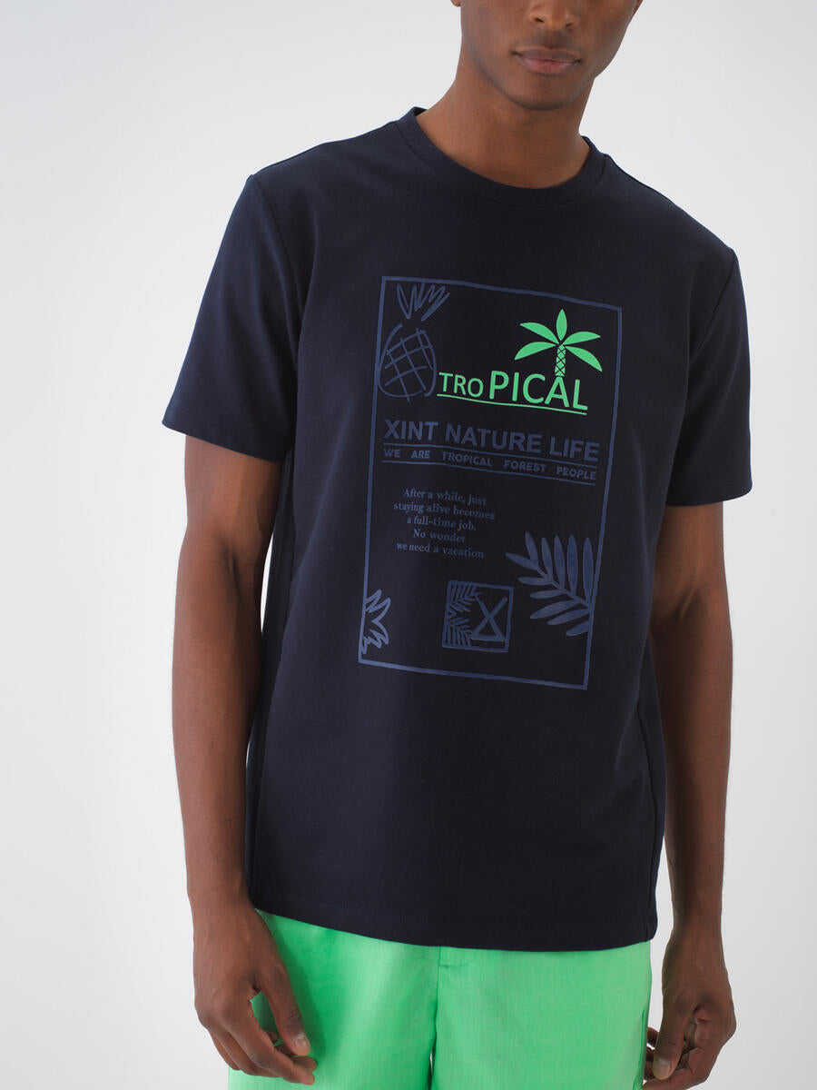 Xint Cotton Tropical Design Navy T-shirt