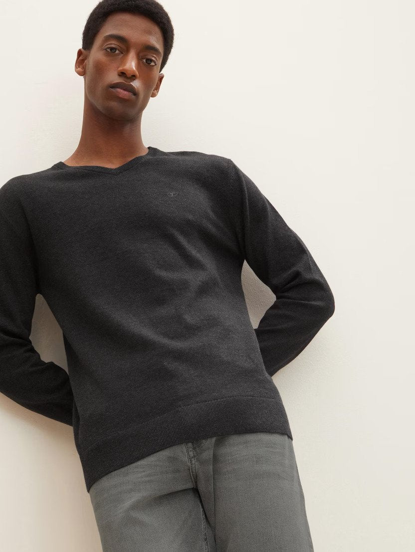 Tom Tailor Basic Knitted V-Neck Dark Grey Sweater