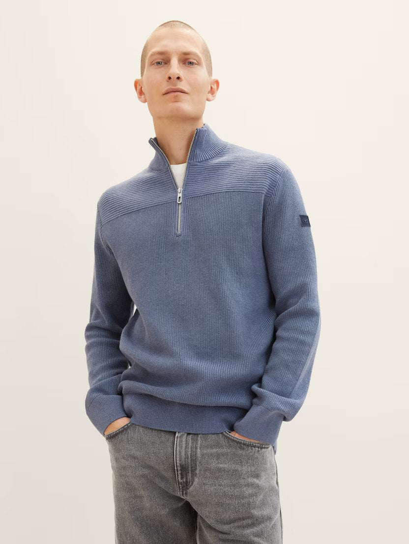 Tom Tailor Troyer Collar Knitted Indogo Blue Sweater