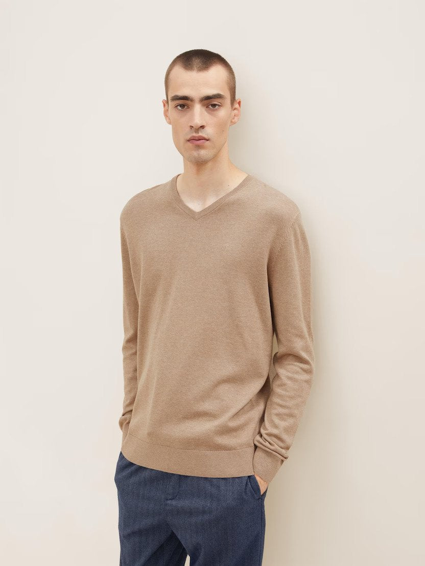 Tom Tailor Basic Knitted V-Neck Beige Sweater
